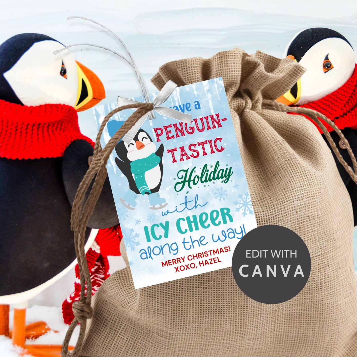 Penguin-themed Christmas gift tags featuring a happy penguin wearing a blue hat and green scarf, surrounded by snowflakes. The text reads 'Have a Penguin-tastic Holiday with Icy Cheer Along the Way!'