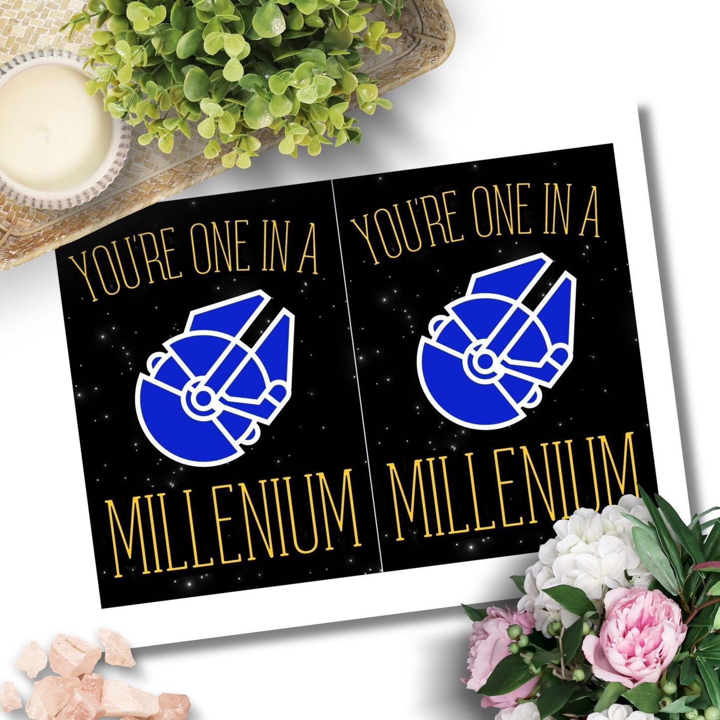 Printable Valentineās Day Greeting Card featuring the pun āYou're One in a Millennium.ā Designed as a 5x7 PDF on an 8.5 x 11 sheet with two cards per page. A perfect Valentineās card for sci-fi and space lovers.