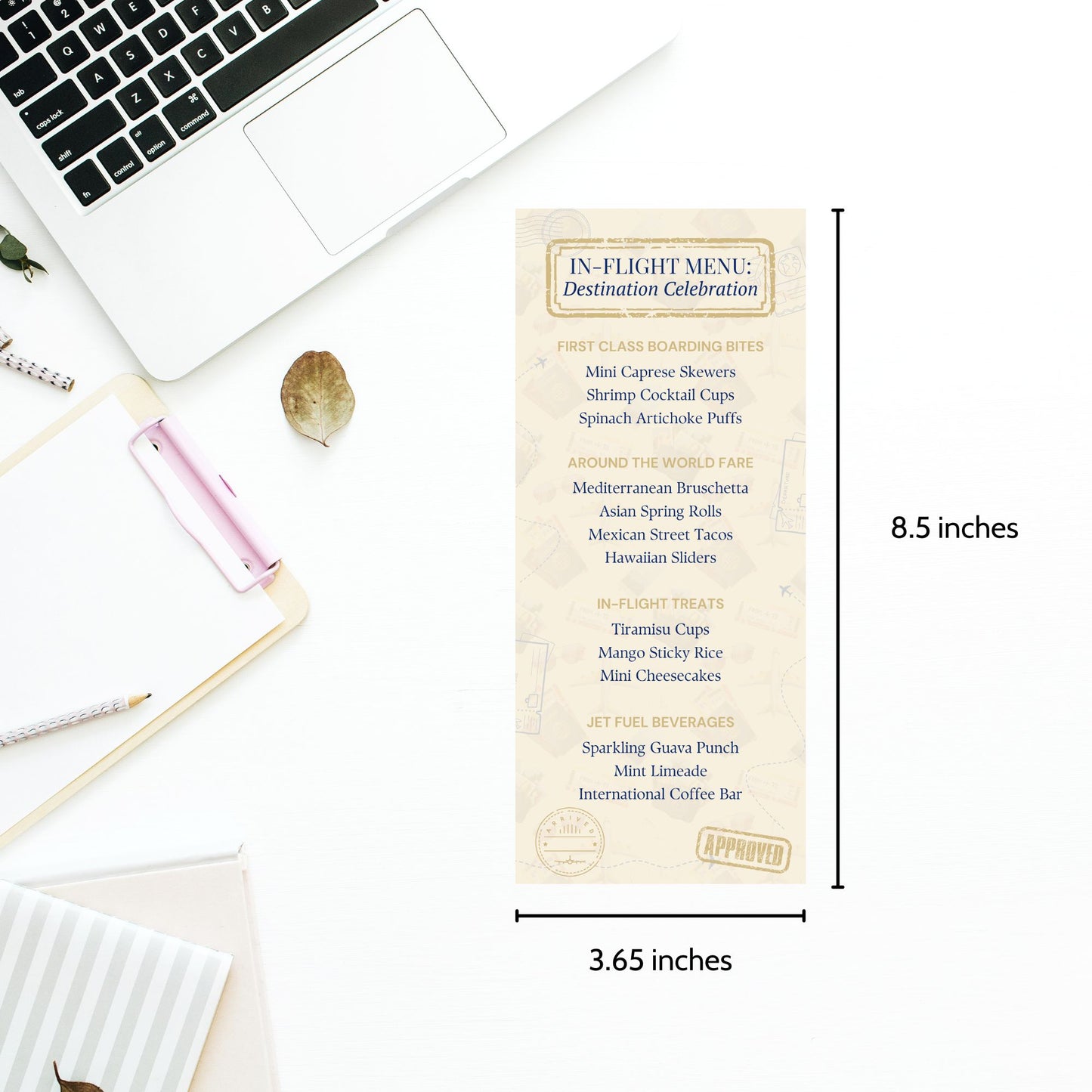 Travel-themed editable graduation menu table card titled "In-Flight Menu: Destination Celebration" with global food sections, sized 3.65 x 8.5 inches.