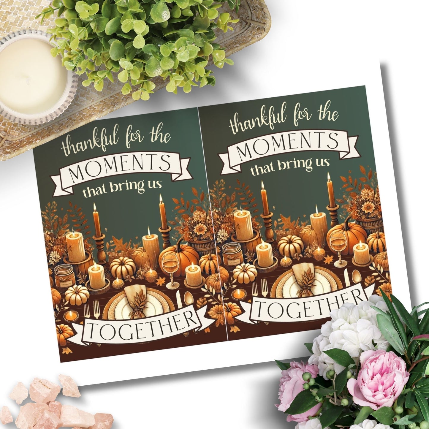 Printable Fall Greeting Card featuring a candlelit autumn table with pumpkins and the message 'Thankful for the Moments that Bring Us Together,' ideal for expressing gratitude this fall.