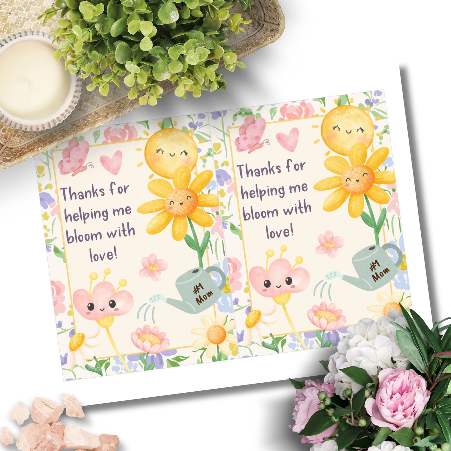 Printable 5x7 card with floral illustrations and the message “Thank You for Helping Me Bloom with Love,” ideal for Mother’s Day or teacher appreciation, available as an instant PDF download.