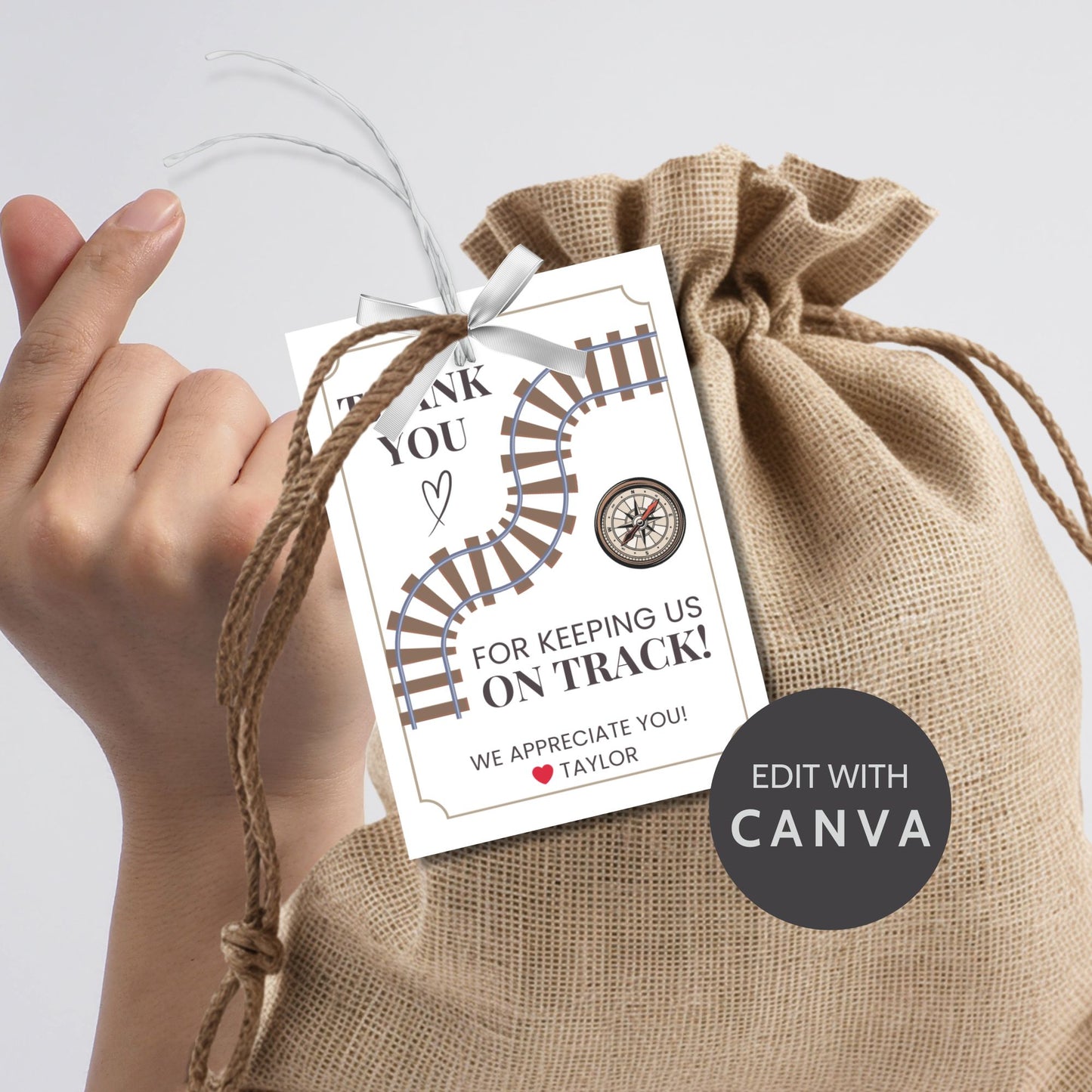 Editable National Boss's Day gift tags with a train track and compass design featuring the message "Thank You for Keeping Us on Track!" Each tag is 2.5 x 3.5 inches, 8 per sheet.