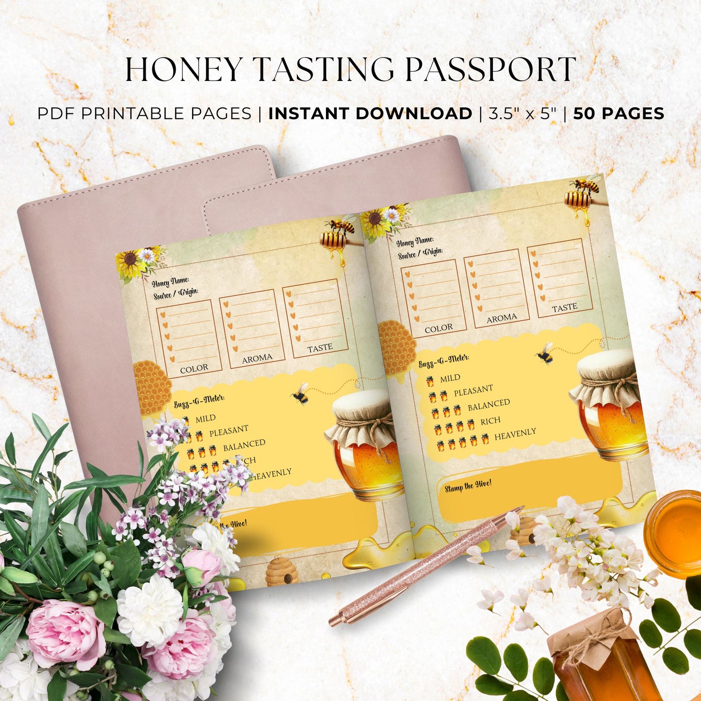 Vintage-style Honey Tasting Passport printable with elegant bees, honeycombs, and rustic honey jars, designed for noting honey-tasting experiences.