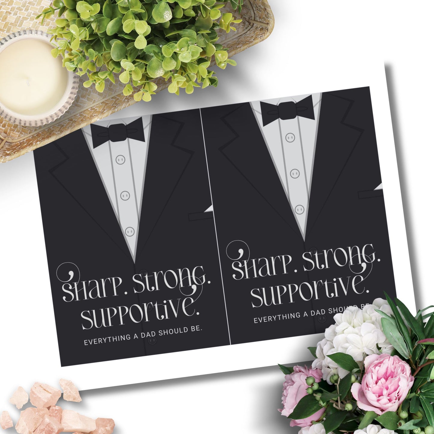 Father's Day card printable with bold text 'Sharp. Strong. Supportive.' featuring a minimalist design of a suit and tie in grayscale tones.