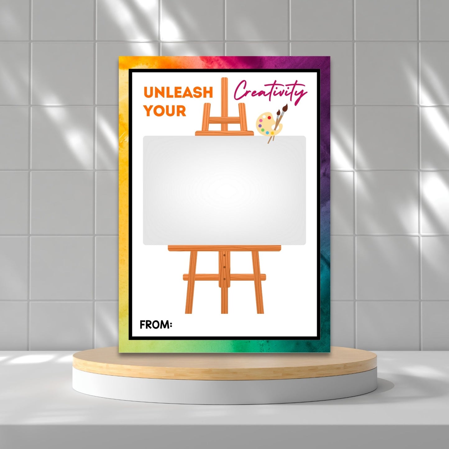 Printable art supply store gift card holders for students and anyone, 5x7 inches, laid out on an 8.5 x 11 inch sheet, with a creative "Unleash Your Creativity" message.