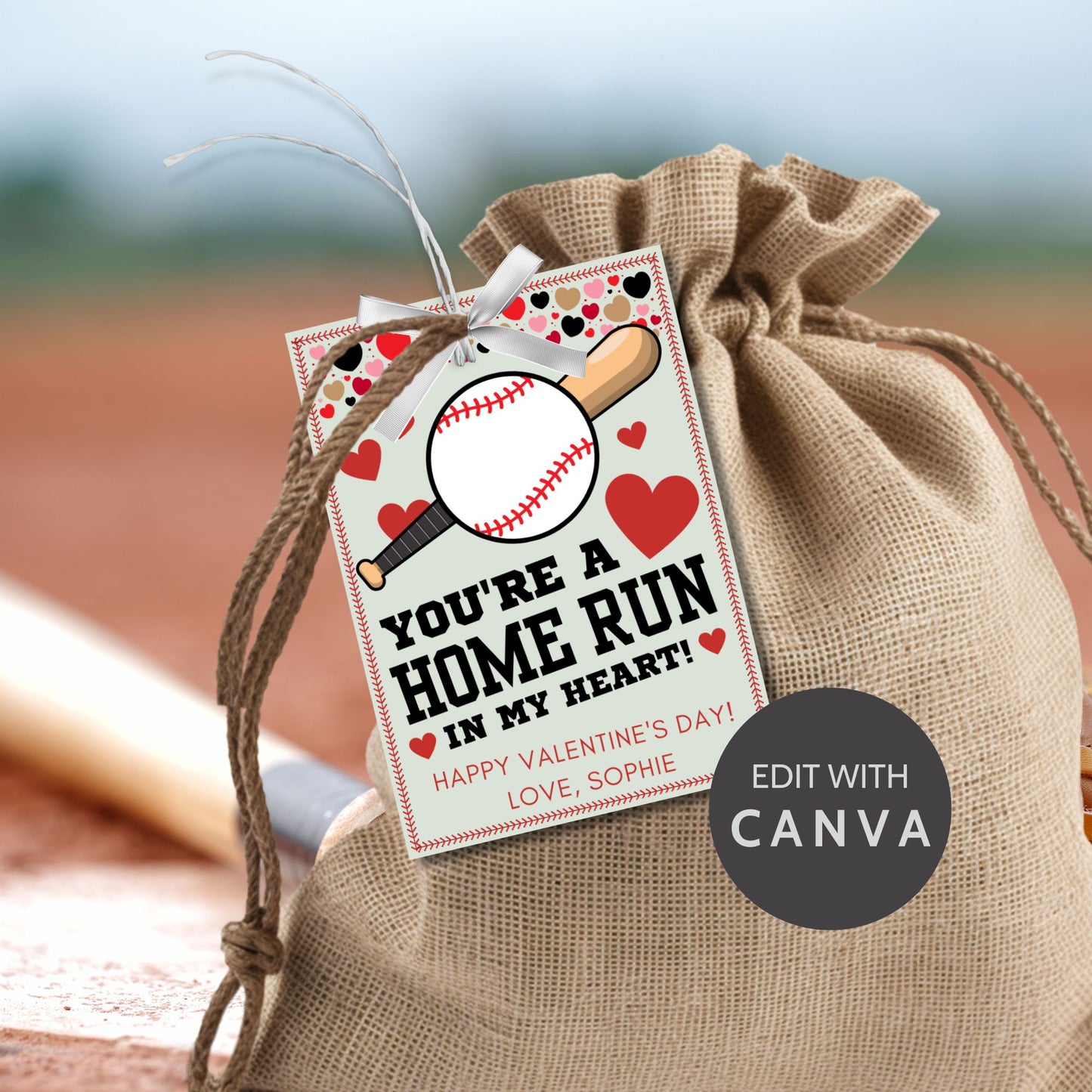 Printable and editable baseball-themed Valentine’s Day gift tags with the message "You’re a Home Run in My Heart." Features a baseball bat, ball, and hearts, perfect for teammates, coaches, and sports lovers.