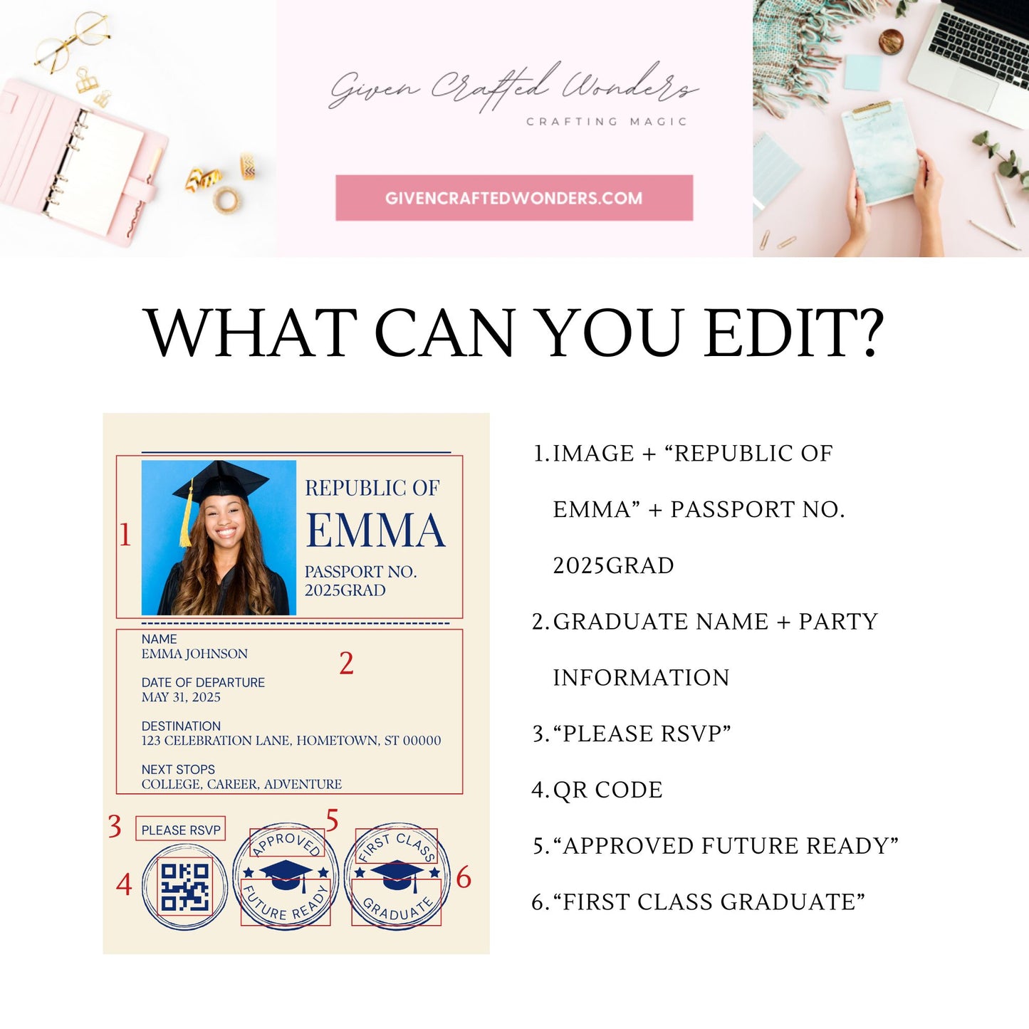 Double-sided editable passport-themed graduation invitation in navy and gold with photo ID layout on front and globe design on back, formatted for 5x7 inches.