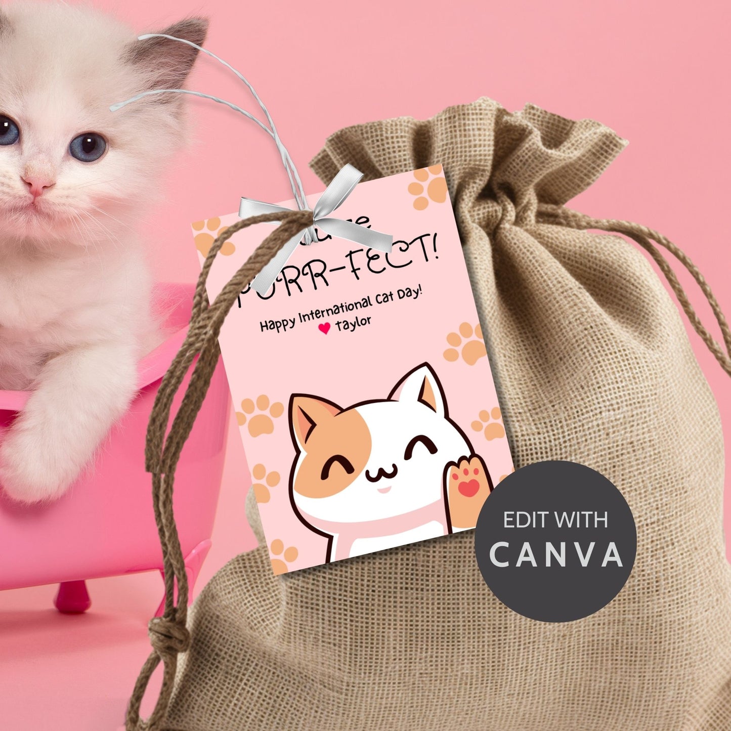 Editable International Cat Day gift tags, perfect for cat-themed parties or gifts for cat lovers, laid out on an 8.5 x 11-inch sheet with 8 tags per sheet
