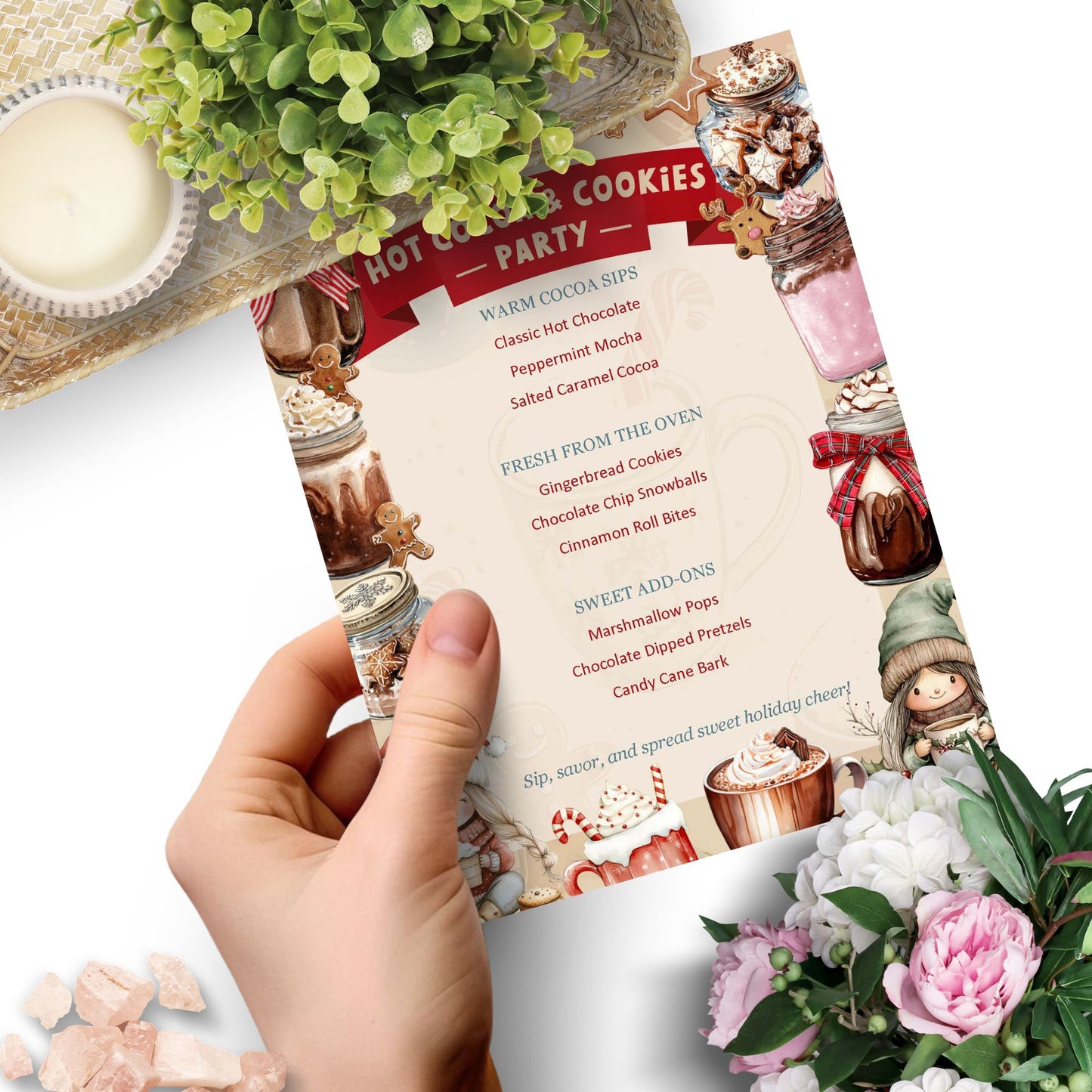 Hot Cocoa & Cookies Party Editable Menu Template featuring cocoa mugs, cookies, and festive holiday accents on an 8.5×11 printable Word design.