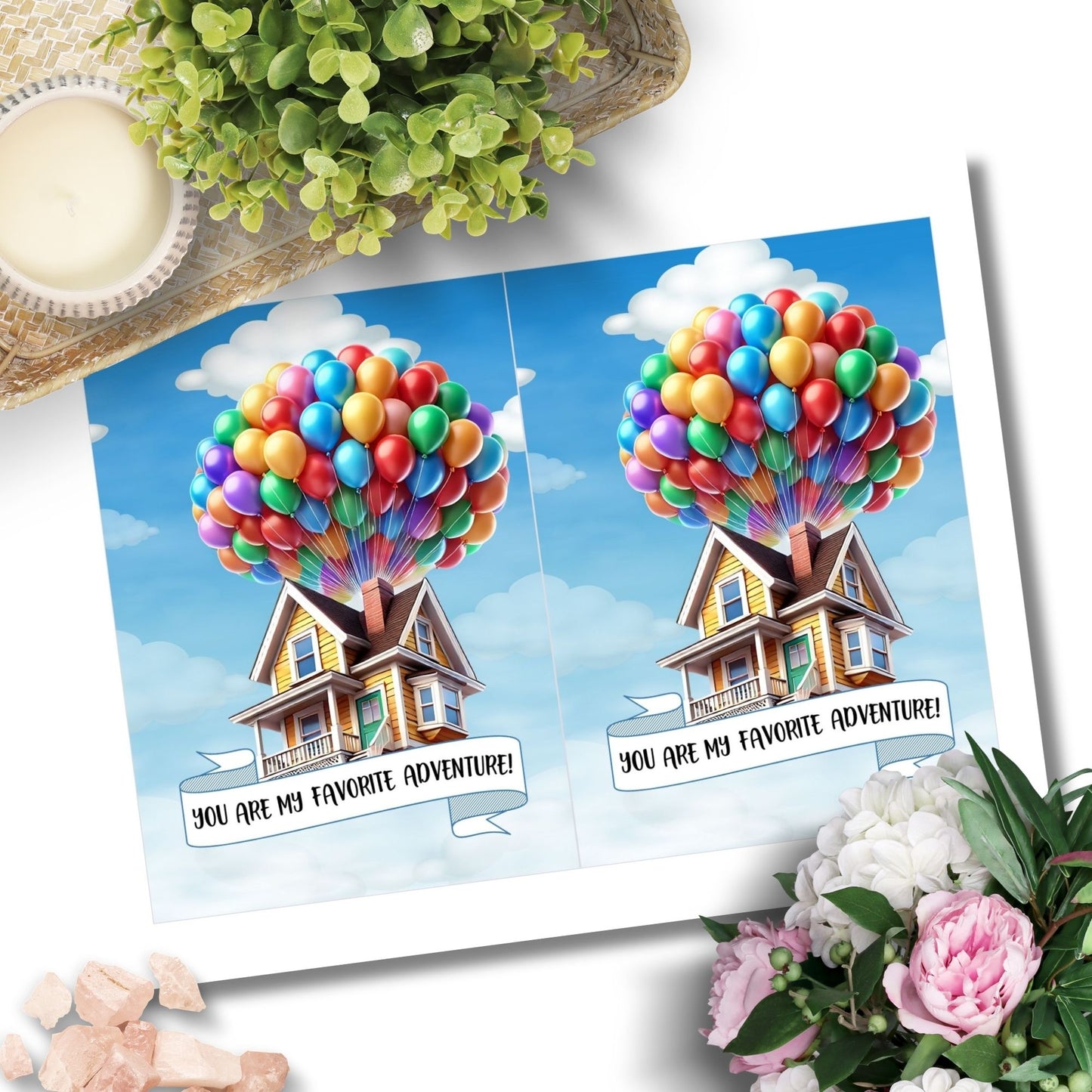 Up movie-inspired printable Valentine’s Day Greeting Card featuring the pun “You Are My Favorite Adventure,” designed as a 5x7 PDF on an 8.5 x 11 sheet with two cards per page. Perfect for gifting to someone special.