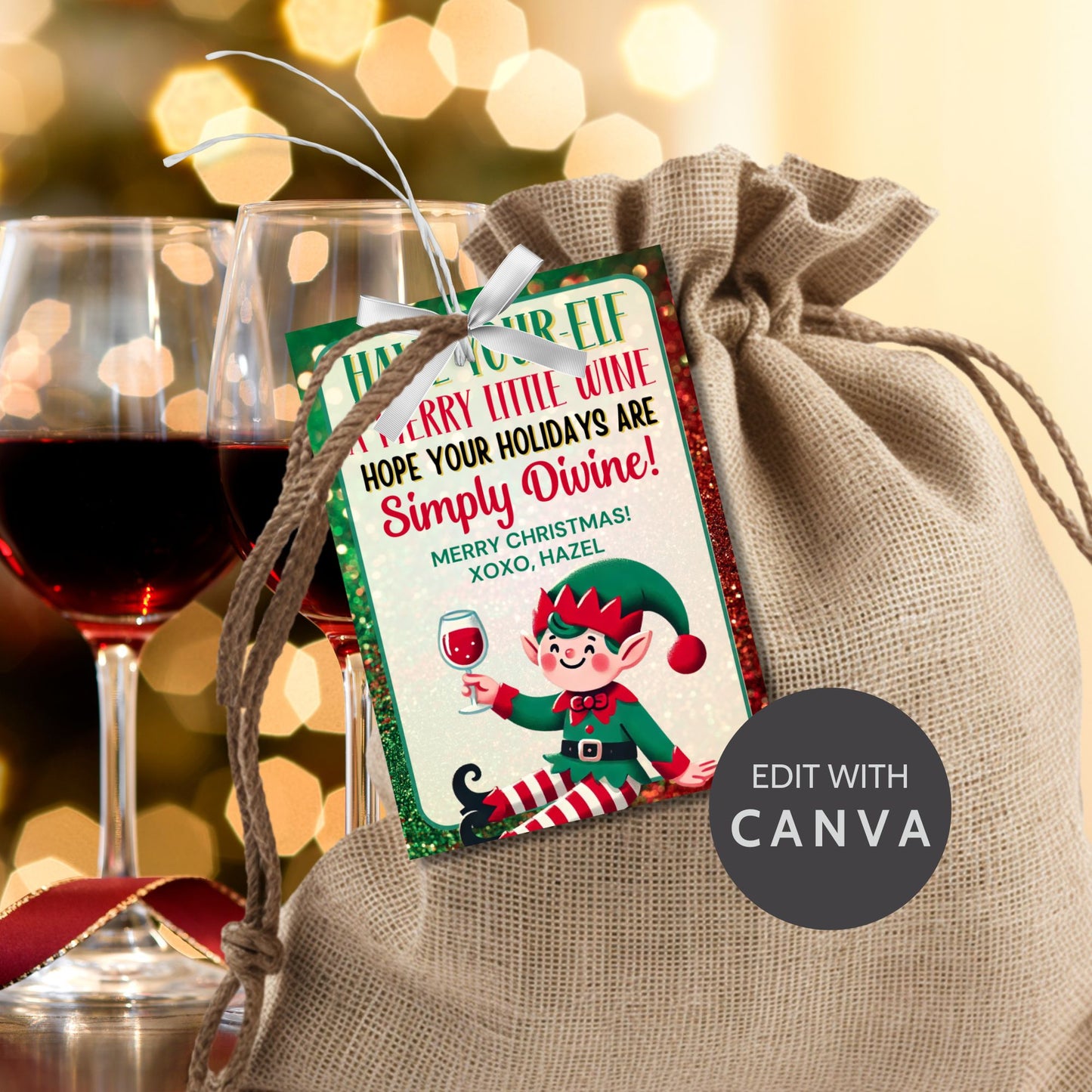 Christmas gift tags featuring a cheerful elf holding a glass of wine with the message "Have Your-elf a Merry Little Wine," perfect for holiday wine gifts. These printable and editable tags add a festive and humorous touch to wine presents.