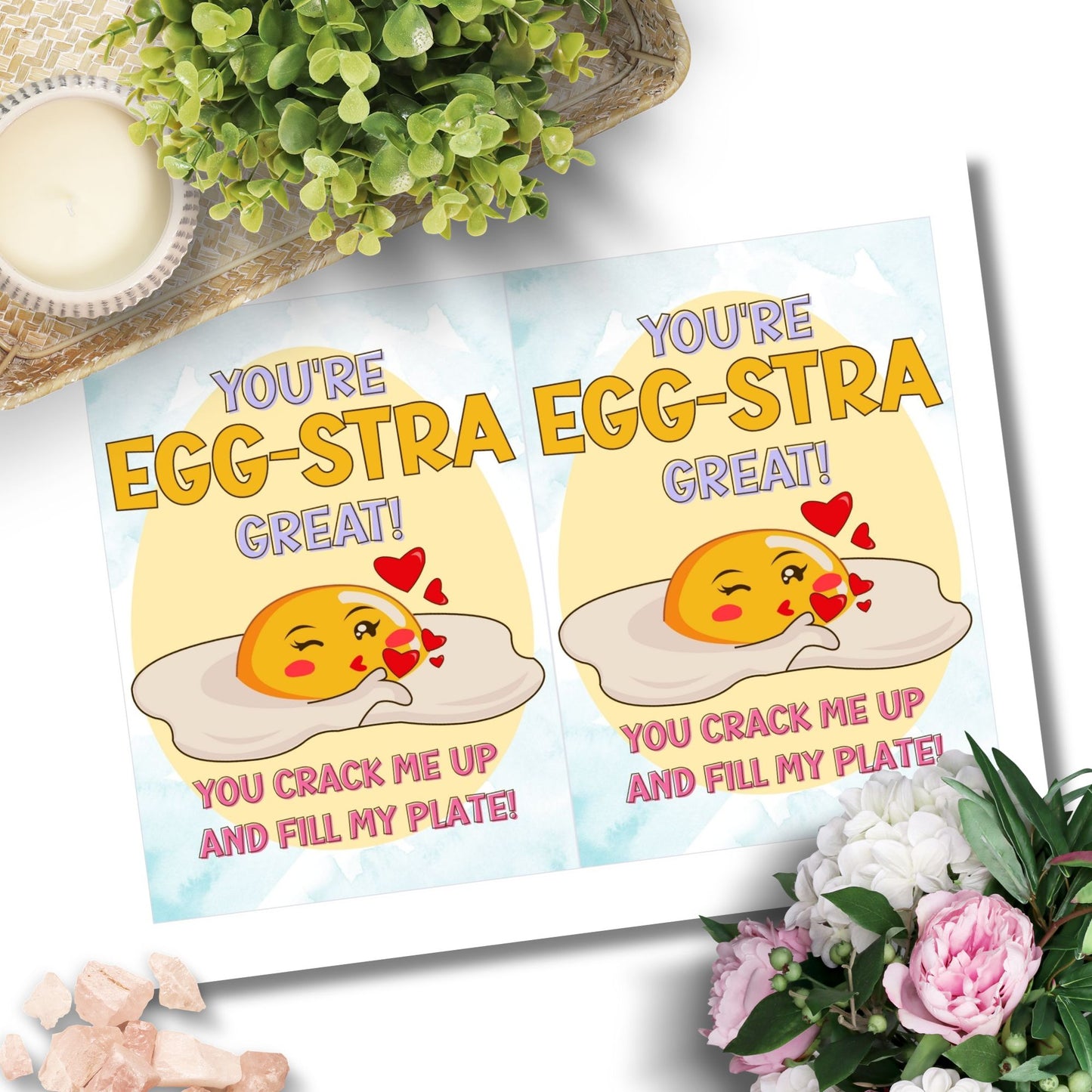 Printable 5x7 Mother’s Day card with a fried egg illustration and the pun “You’re Eggstra Great,” in a bright and playful style, available as an instant PDF download.