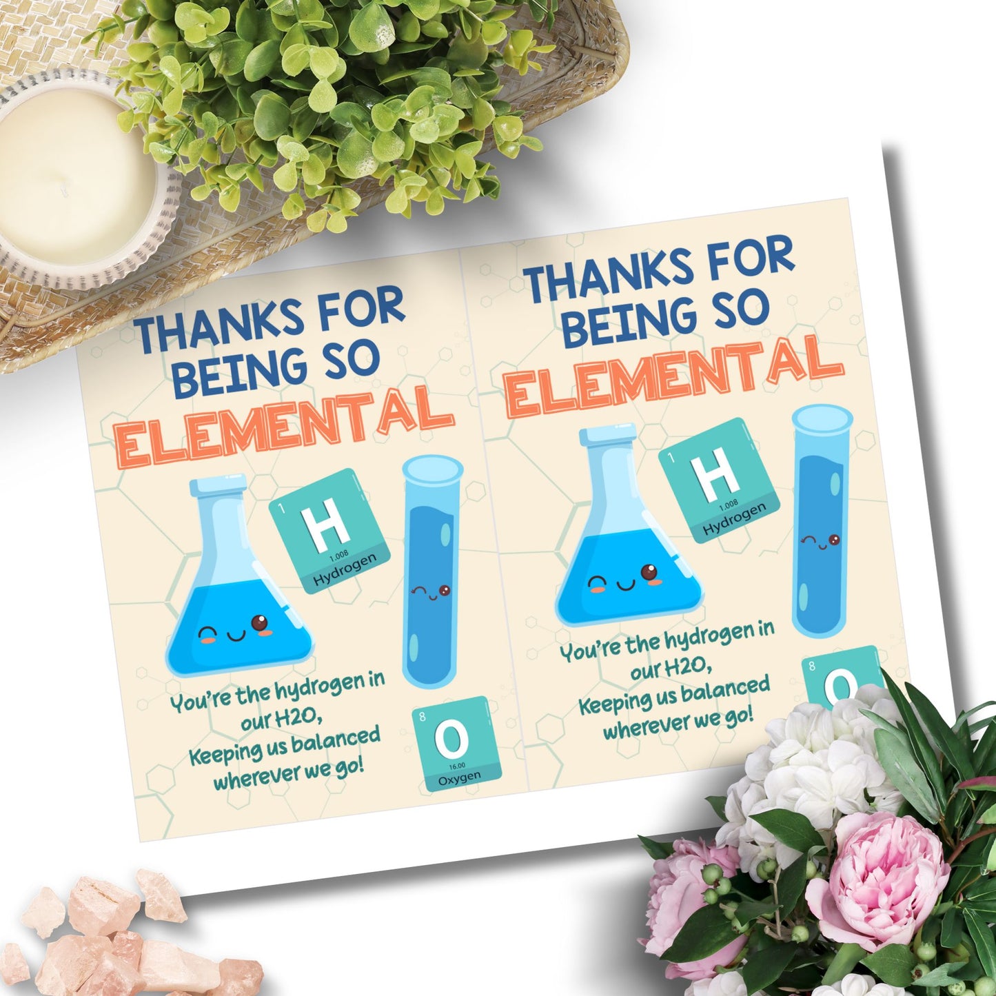 Science-themed printable card reading “Thanks for Being So Elemental” with periodic table style – 5x7 PDF digital download