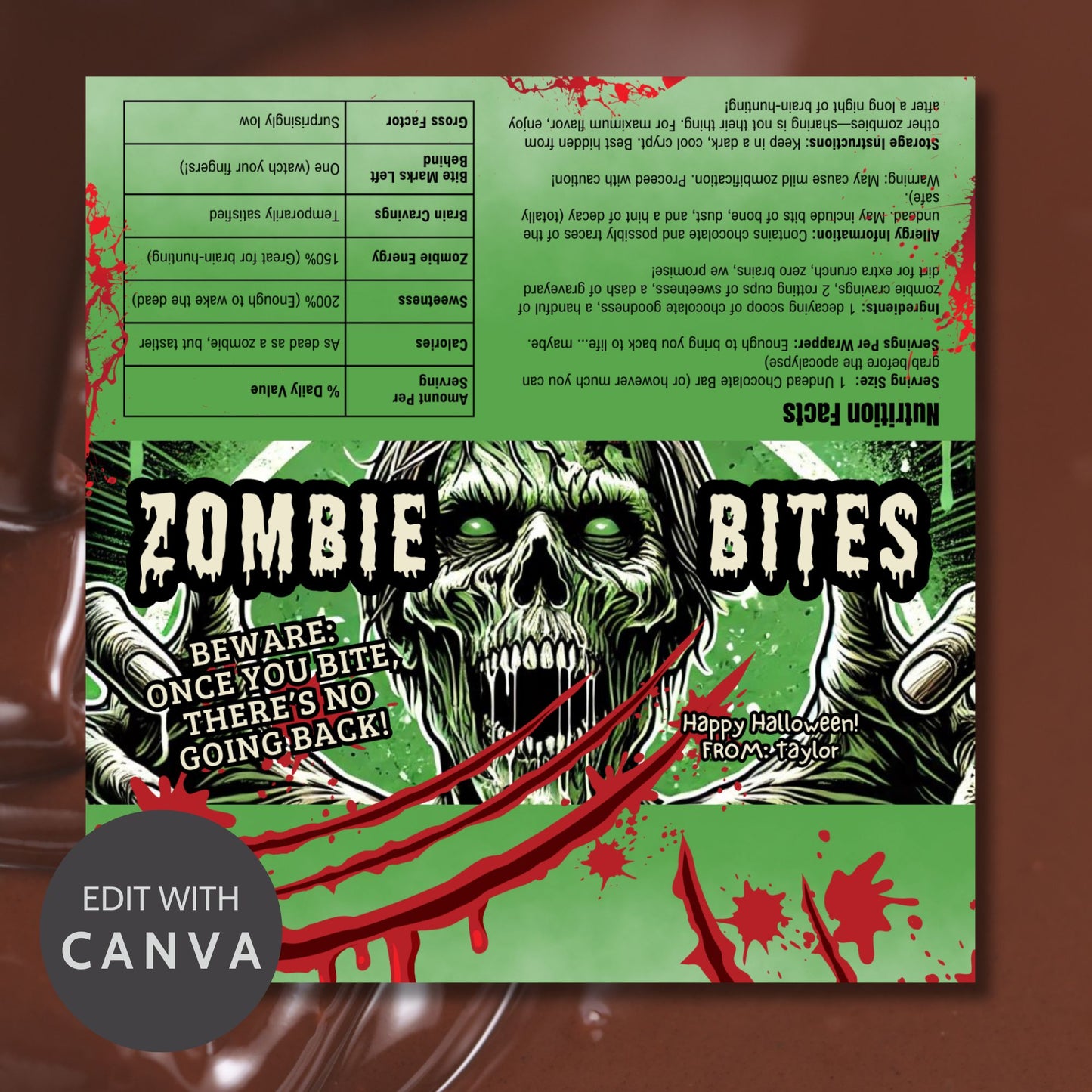 Printable and editable zombie-themed Halloween chocolate bar wrapper featuring a scary zombie design, perfect for trick-or-treat and spooky parties.