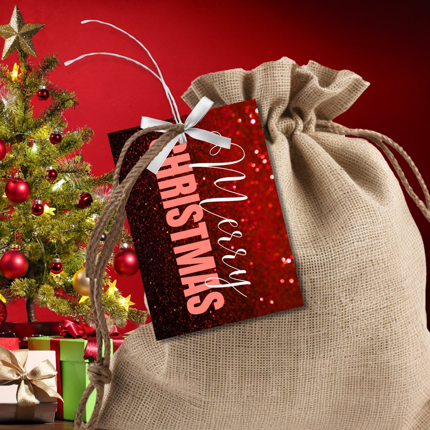 Red-themed ready-to-print Christmas gift tags featuring a glittery red background with elegant "Merry Christmas" text, 2.5 x 3.5 inches, 8 per 8.5 x 11-inch sheet.