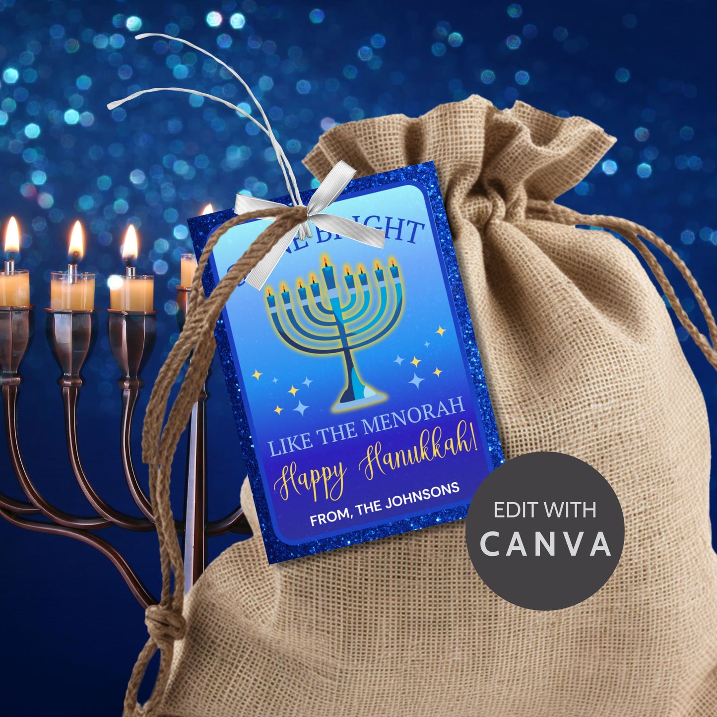 A sheet of eight printable and editable Hanukkah gift tags featuring a vibrant menorah design with the text "Shine Bright Like the Menorah - Happy Hanukkah!" Perfect for adding a festive touch to Hanukkah gifts.