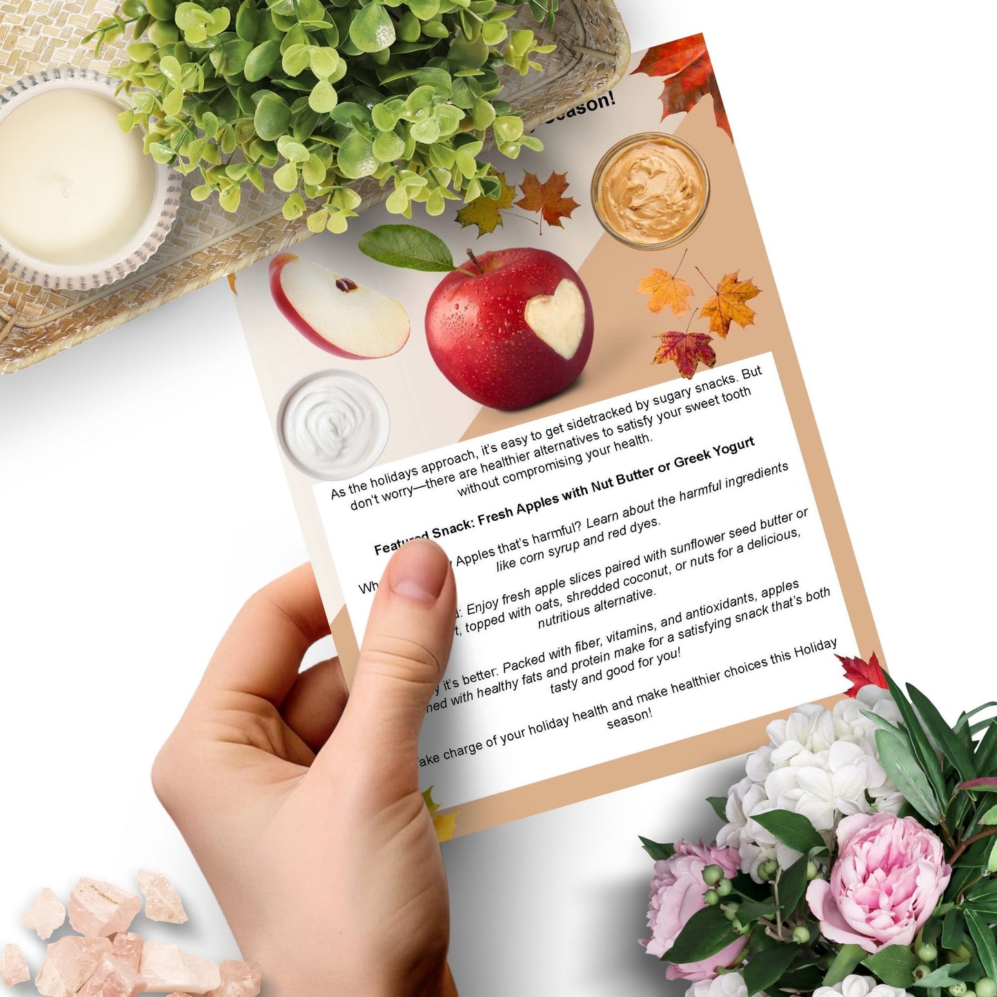 Editable menu template promoting healthy alternatives to candy apples, featuring fresh apple slices with nut butter or Greek yogurt, perfect for wellness events, cafes, and health-conscious consumers.
