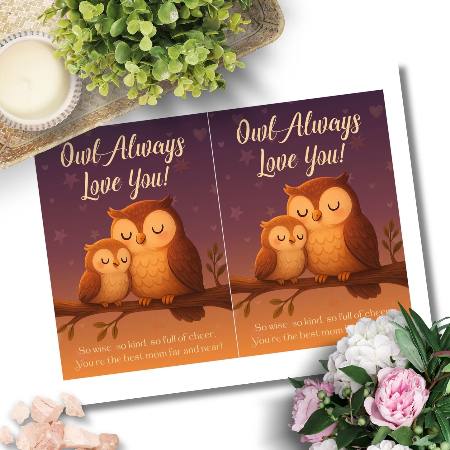 Printable 5x7 Mother's Day card with a cute owl and the pun "Owl Always Love You," featuring a soft, whimsical design, available as an instant download PDF.