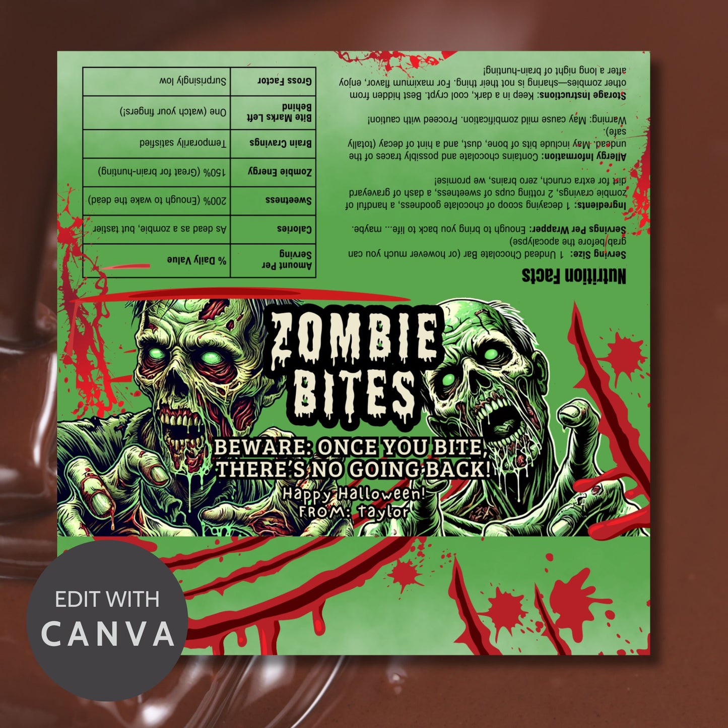 Printable and editable zombie-themed Halloween chocolate bar wrapper featuring a scary zombie design, perfect for trick-or-treat and spooky parties.