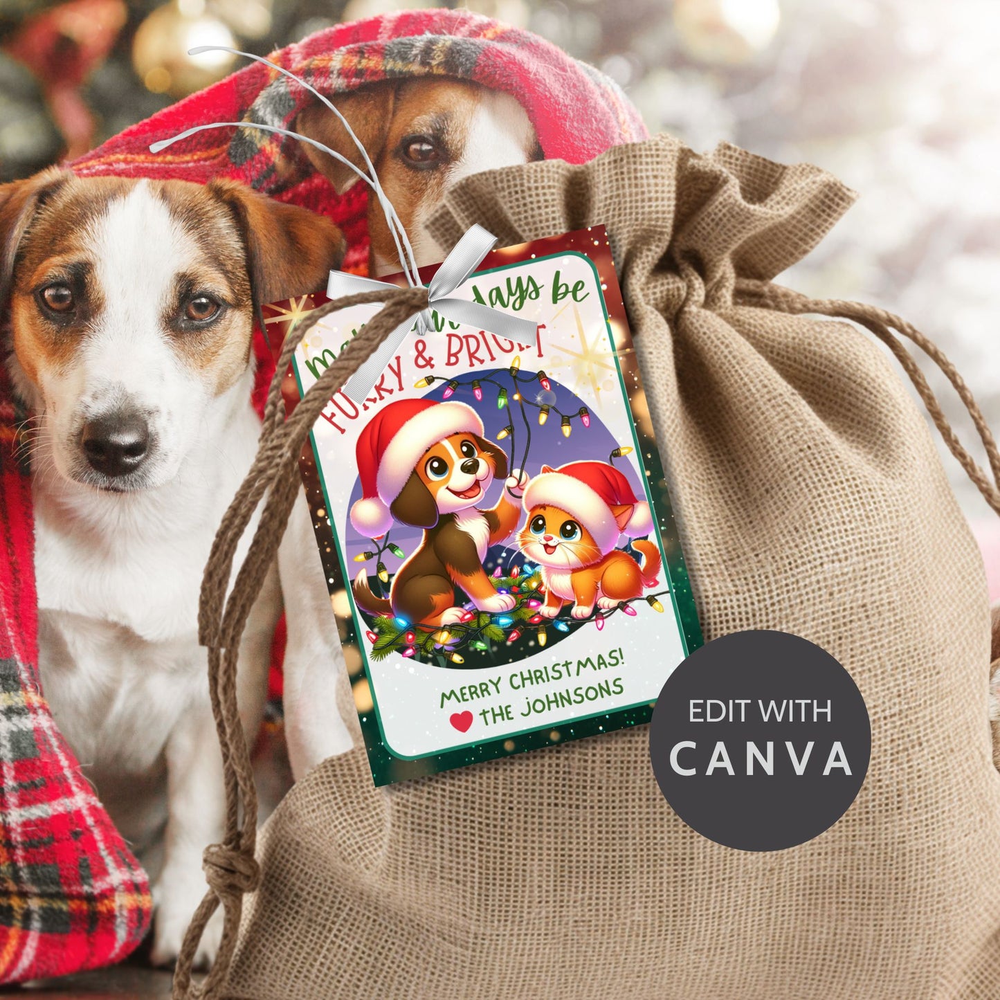 Christmas gift tags featuring a cute dog and cat in Santa hats, surrounded by festive holiday lights with the message "May Your Days Be Furry & Bright." These printable and editable tags are perfect for pet-themed holiday gifts.