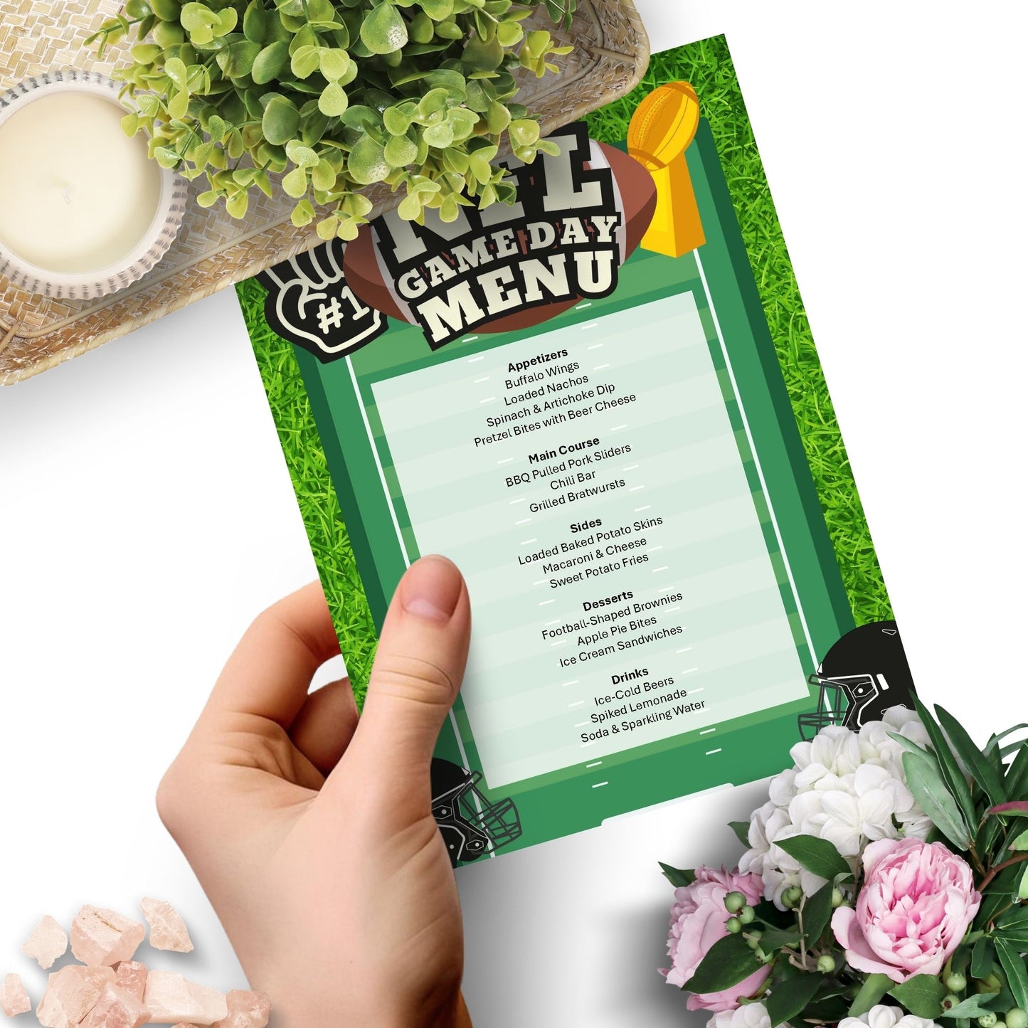 Editable NFL Game Day Menu Template showcasing classic football snacks and meals like Buffalo Wings, BBQ Pulled Pork Sliders, and Football-Shaped Brownies, perfect for any football watch party or tailgate event