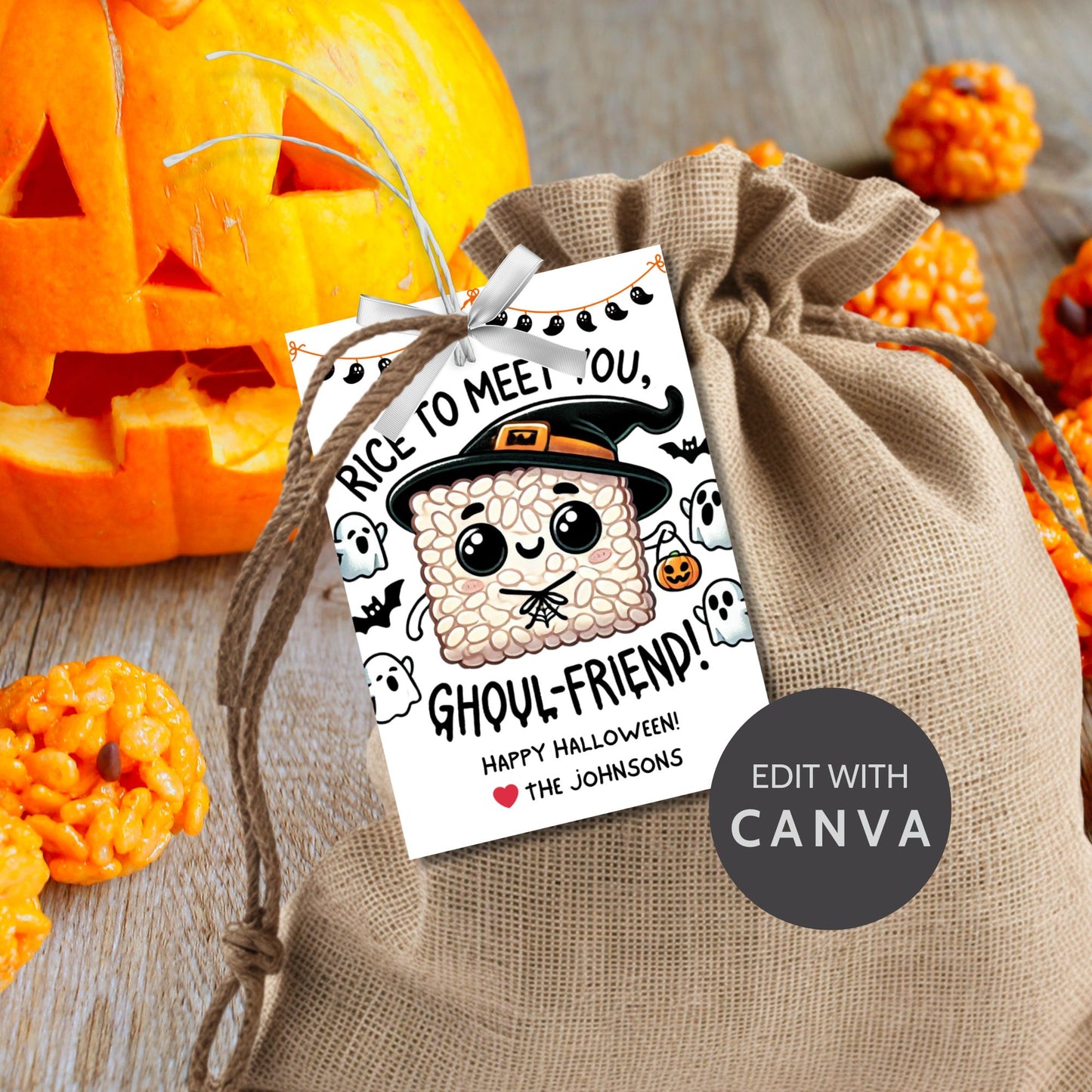 Cute Halloween-themed gift tags featuring a witchy rice krispie treat character, surrounded by ghosts, bats, and pumpkins. The tags say "Rice to Meet You, Ghoul-Friend!" and are 2.5 x 3.5 inches, laid out 8 per sheet on an 8.5 x 11-inch page. Includes a printable PDF and a link to an editable Canva template.