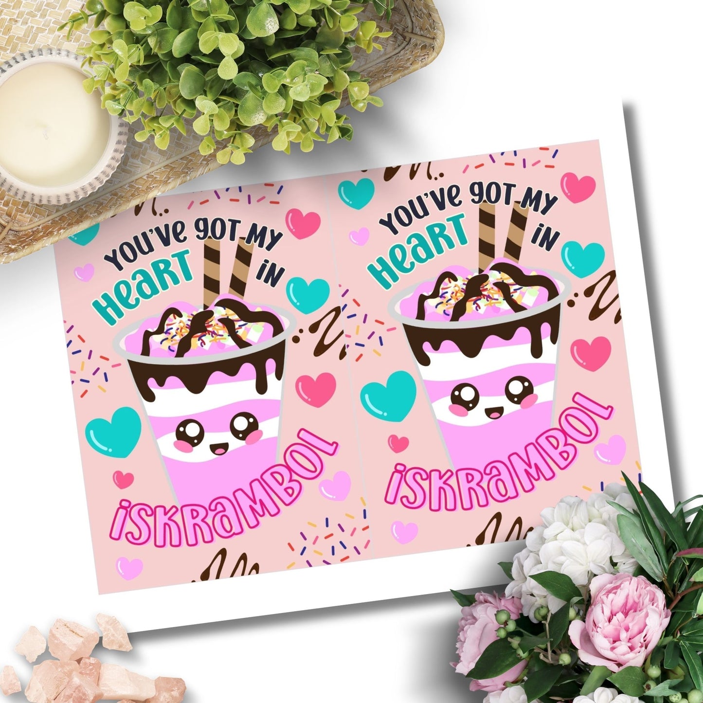Printable Valentineās Day card featuring the phrase āYouāve Got My Heart in Iskrambolā with a fun and colorful ice scramble design. Designed as a 5x7 PDF on an 8.5 x 11 sheet with two cards per page. A punny and heartfelt Valentineās card for Filipino food lovers.