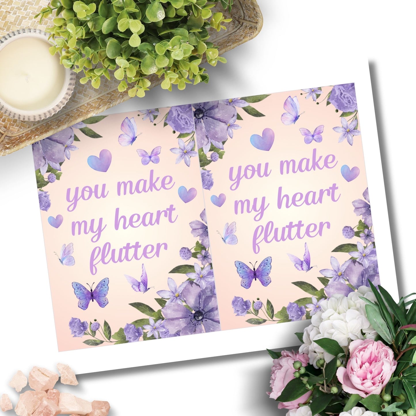 Printable Valentineās Day Greeting Card featuring the phrase āYou Make My Heart Flutter.ā Designed as a 5x7 PDF on an 8.5 x 11 sheet with two cards per page. A whimsical and heartfelt Valentineās card for nature lovers.