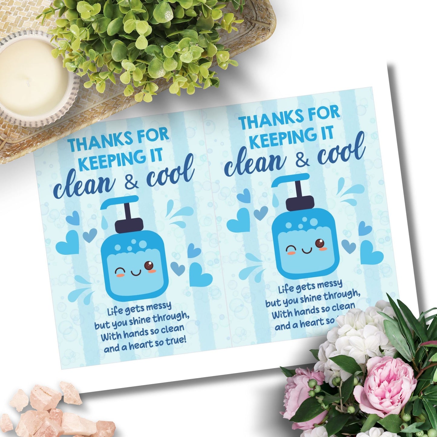 Printable card with a refreshing theme reading “Thanks for Your Refreshing Ways” – 5x7 digital thank-you card for teachers