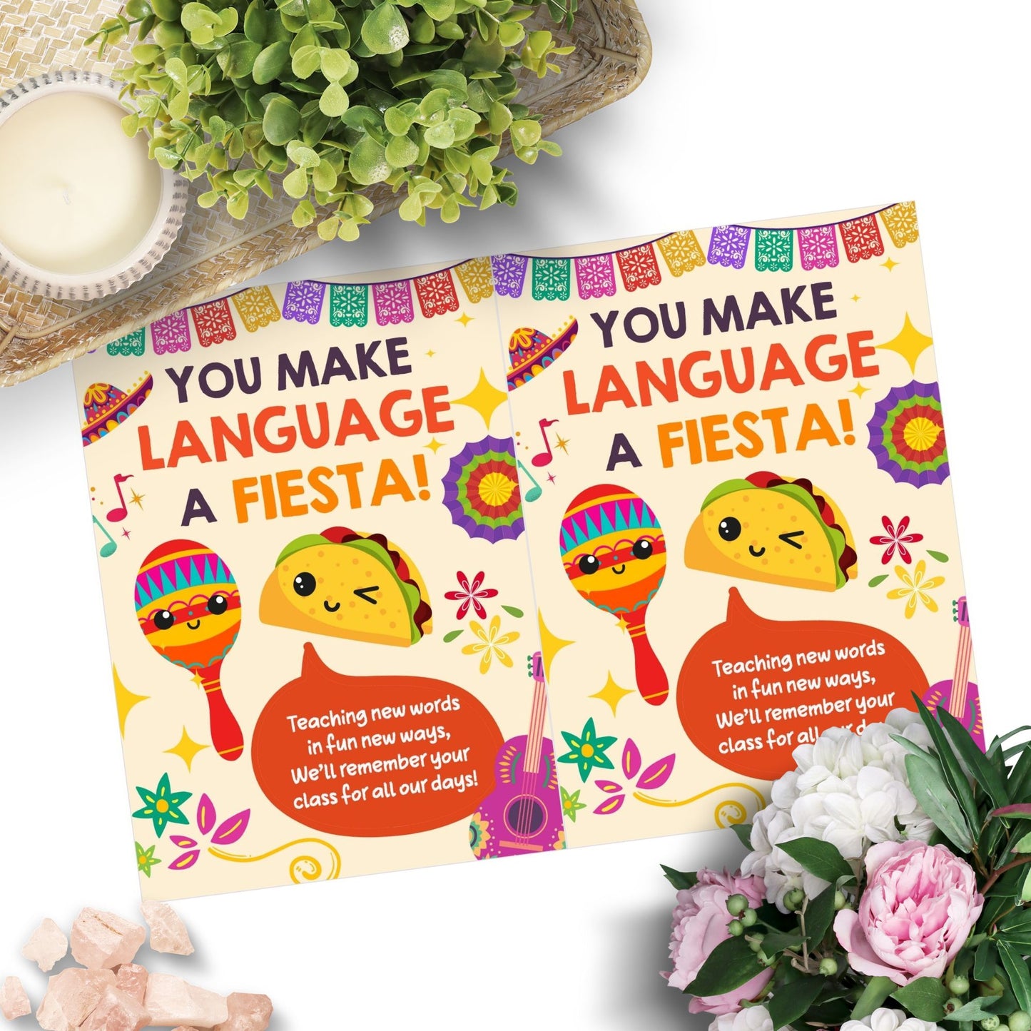 Printable teacher card reading “You Make Language a Fiesta” – world language appreciation design, 5x7 digital download
