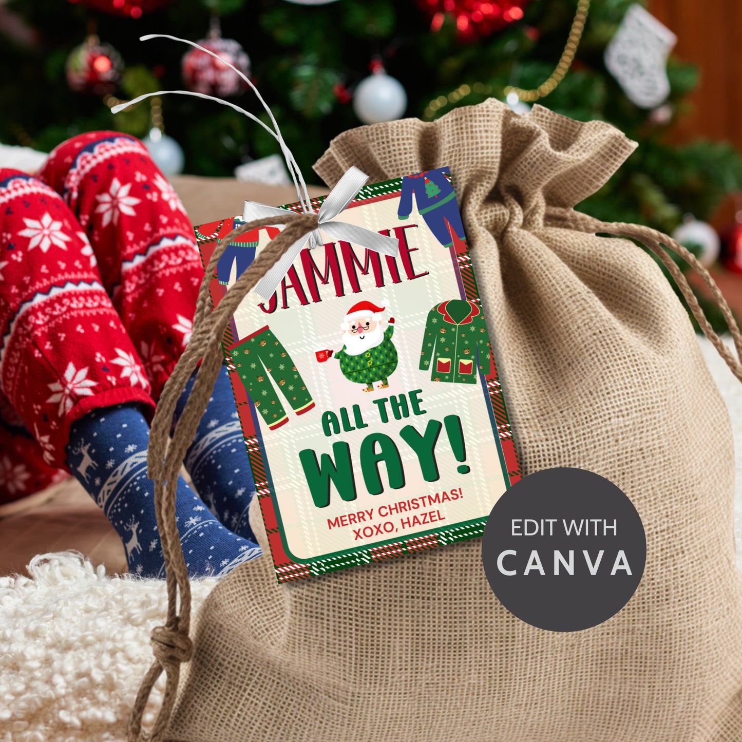 Holiday gift tags with a "Jammie All the Way!" theme, ideal for attaching to pajama gifts, featuring festive holiday pajamas, Santa, and a cozy plaid background.