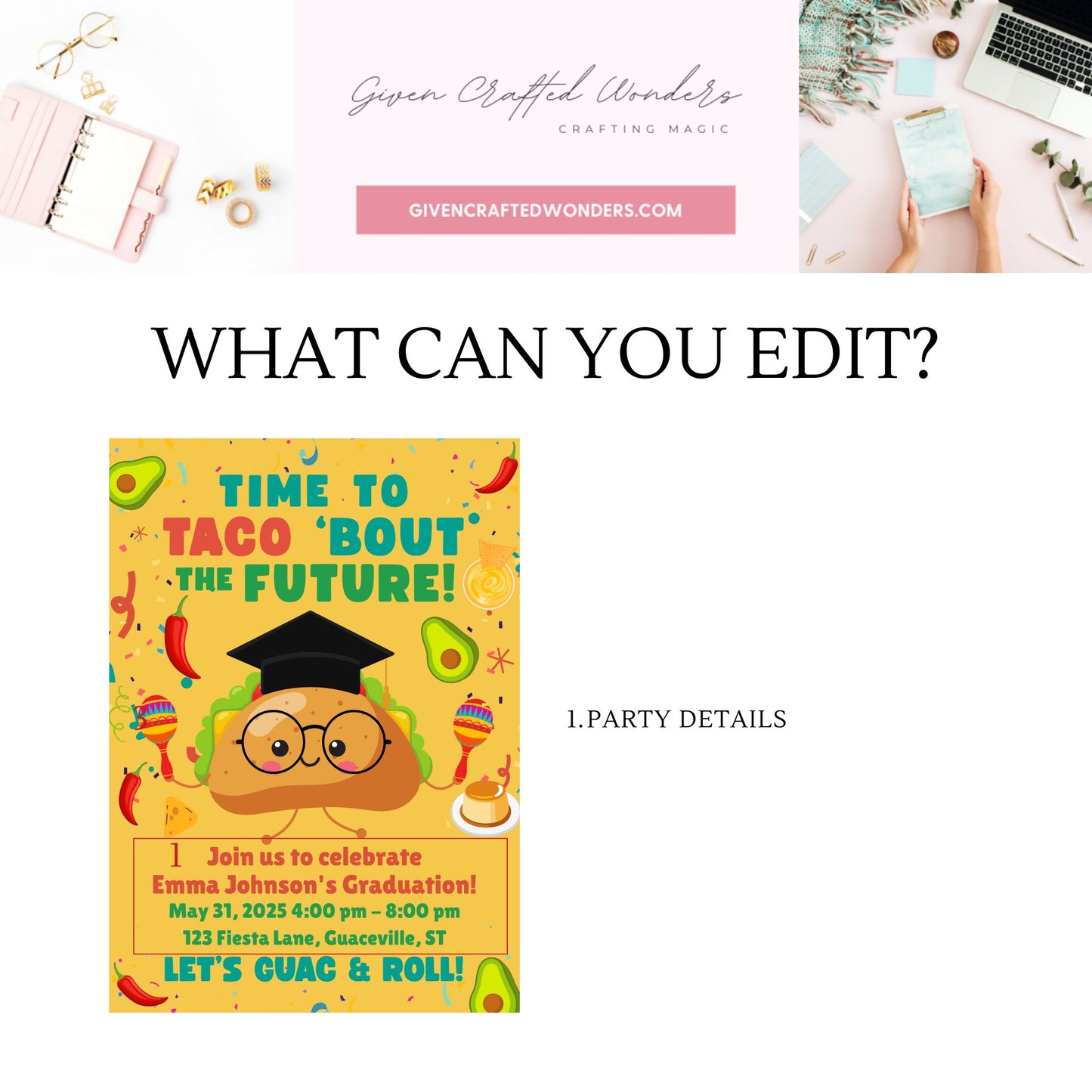 Single-sided taco-themed graduation invitation with confetti background, smiling taco in a graduation cap, and bold text “Time to Taco ‘Bout the Future.” Editable 5x7 Canva template.