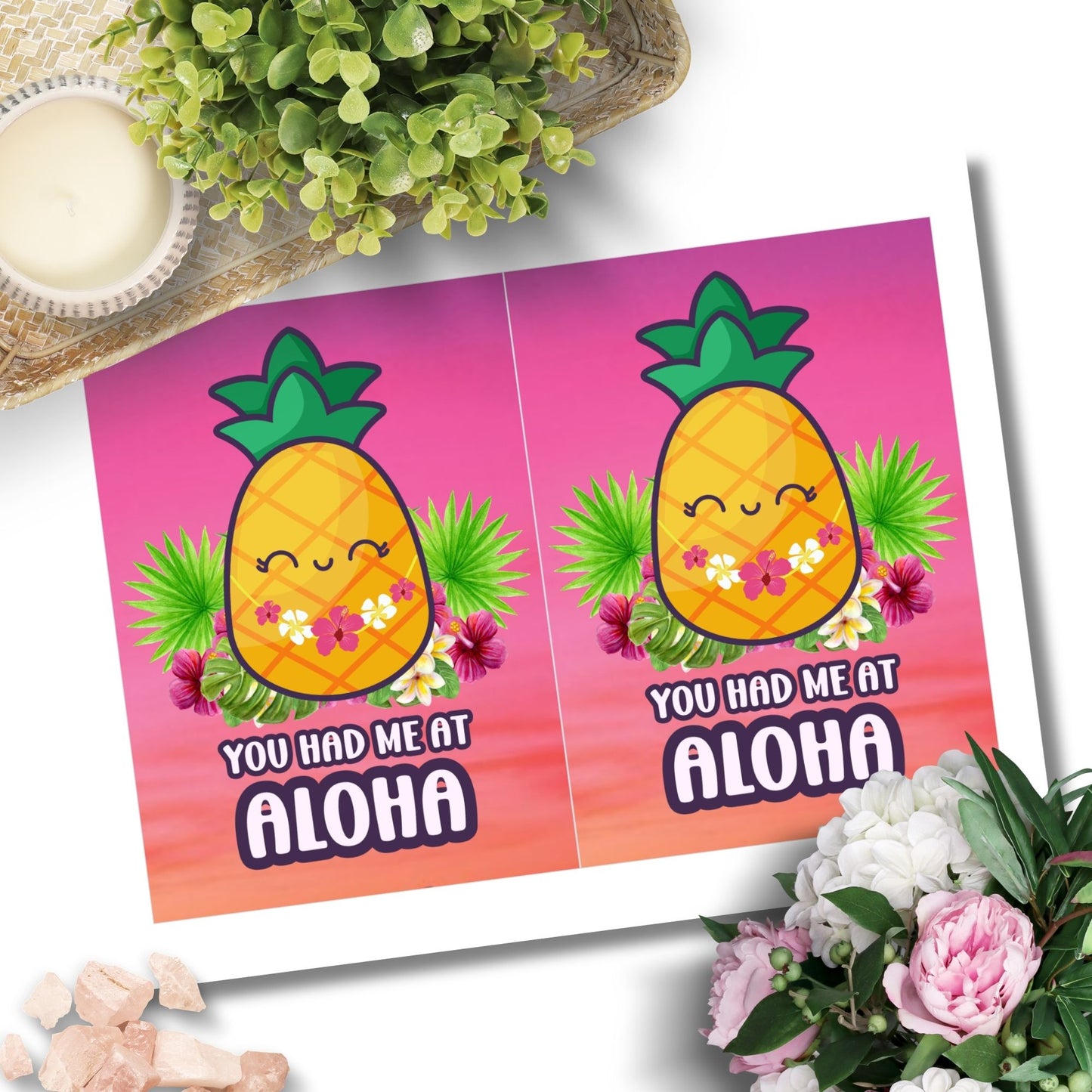 Printable Valentineās Day Greeting Card featuring the phrase āYou Had Me at Alohaā with a tropical theme. Designed as a 5x7 PDF on an 8.5 x 11 sheet with two cards per page. A fun and sunny Valentineās card for loved ones.