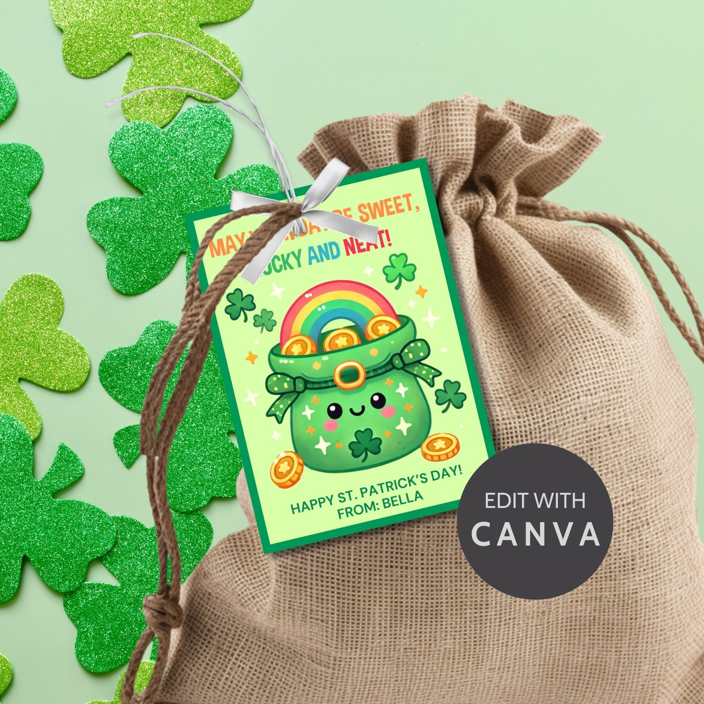 A fun and festive St. Patrick’s Day printable gift tag featuring a cute smiling pot of gold, shamrocks, and a rainbow, with the cheerful message “May Your Day Be Sweet, Lucky, and Neat!” The tags are 2.5 x 3.5 inches, laid out on an 8.5 x 11-inch sheet, 8 per page. Available as a printable PDF and an editable Canva template for personalization.