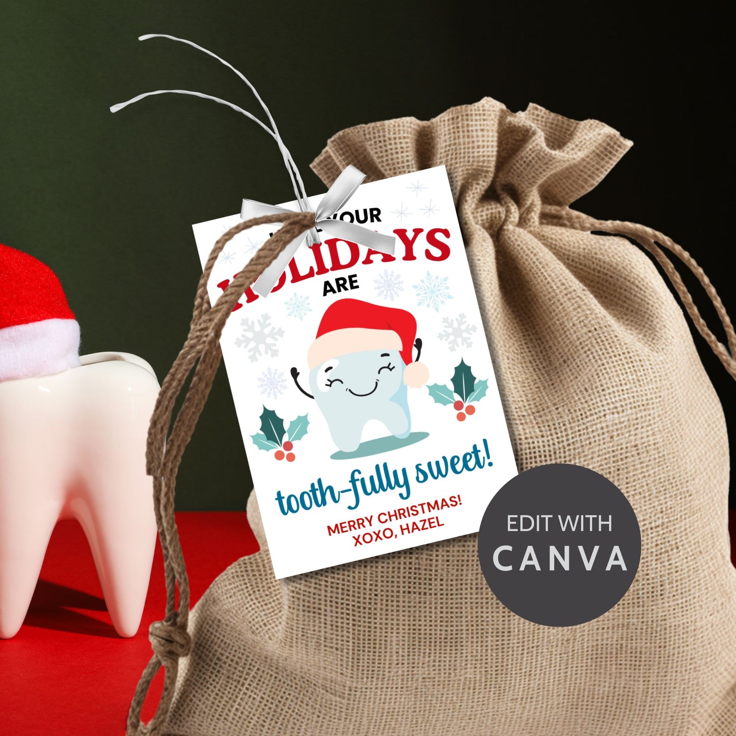 A festive gift tag featuring a cute tooth character in a Santa hat, with holly and snowflakes, perfect for dentist-themed holiday gifts.