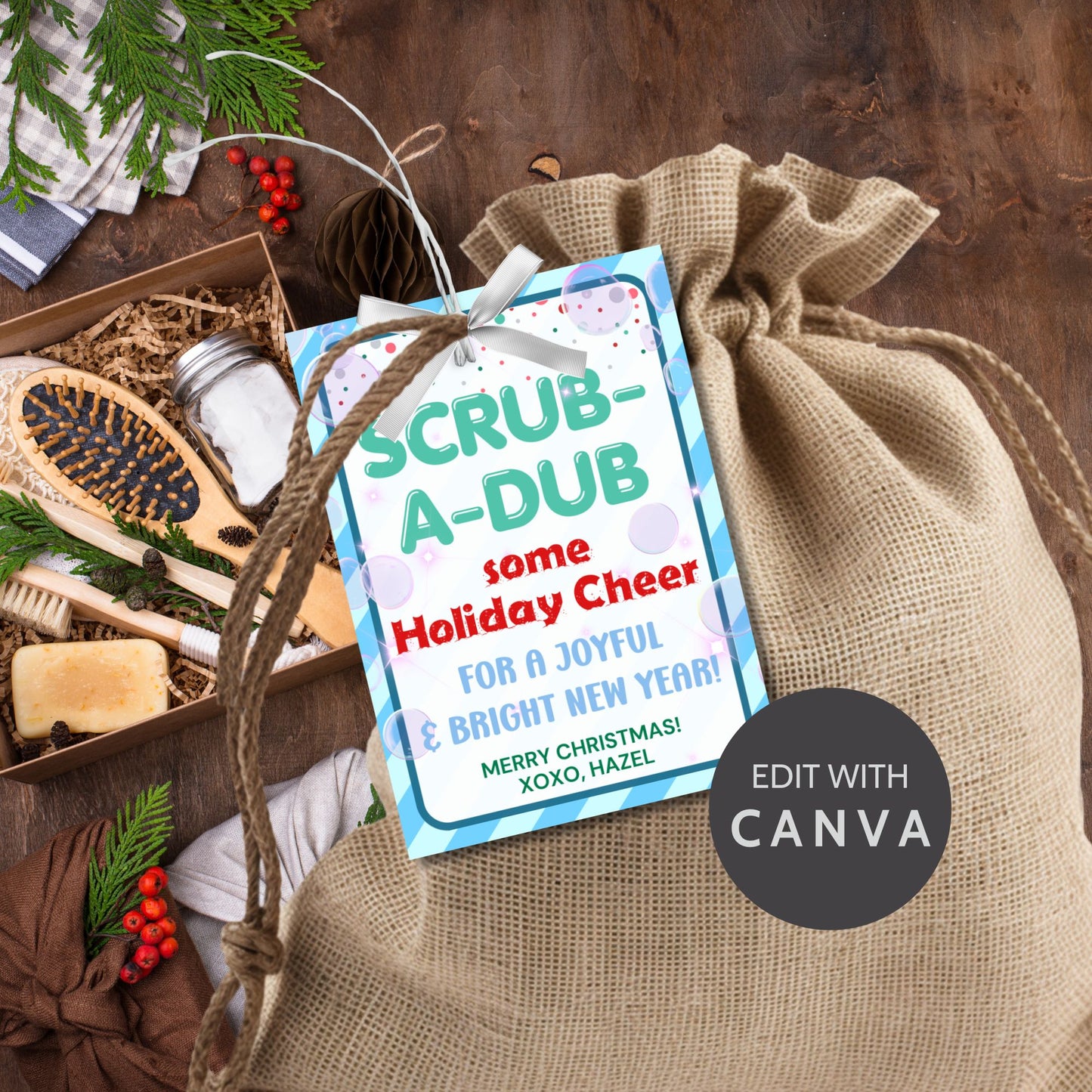 Cheerful Scrub-a-Dub-themed holiday gift tags featuring playful bubbles and a festive design, perfect for loofahs, body scrubs, or bath set gifts.