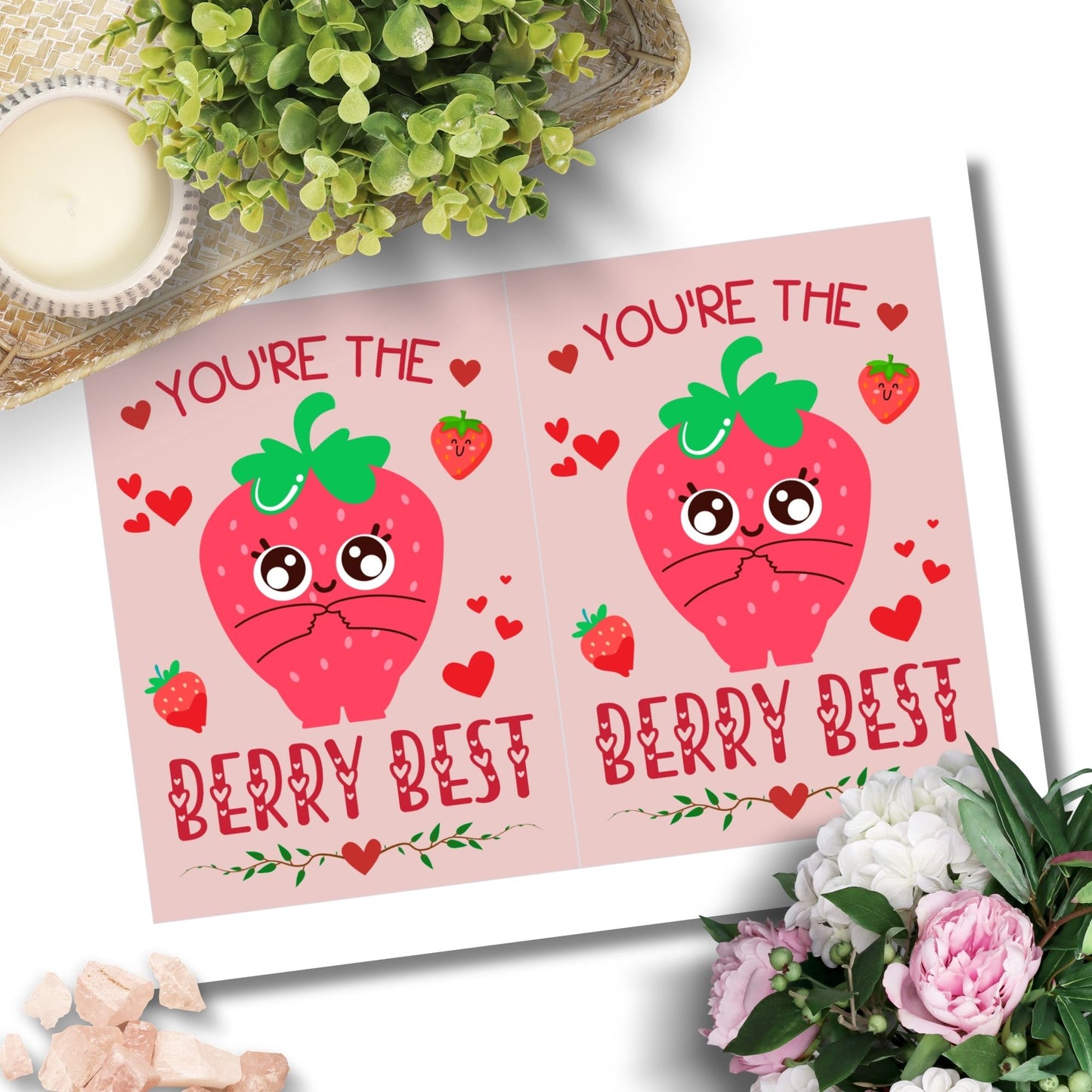 Printable Valentineās Day Greeting Card featuring the pun āYou're the Berry Best.ā Designed as a 5x7 PDF on an 8.5 x 11 sheet with two cards per page. A cute and heartfelt Valentineās card for loved ones.