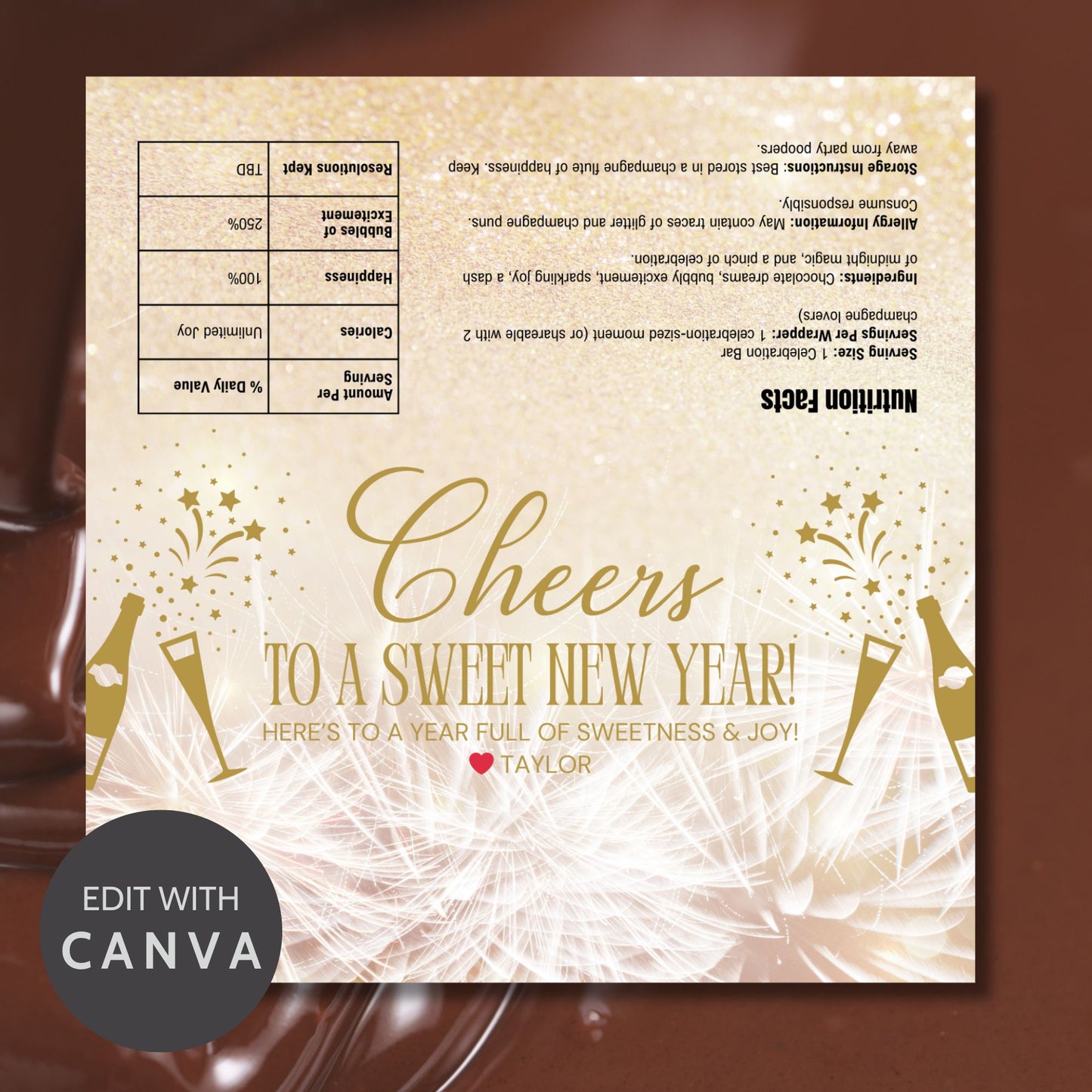 A vibrant New Year chocolate bar wrapper with celebratory designs and customizable text, perfect for adding a personal touch to New Year’s Eve celebrations or party favors.