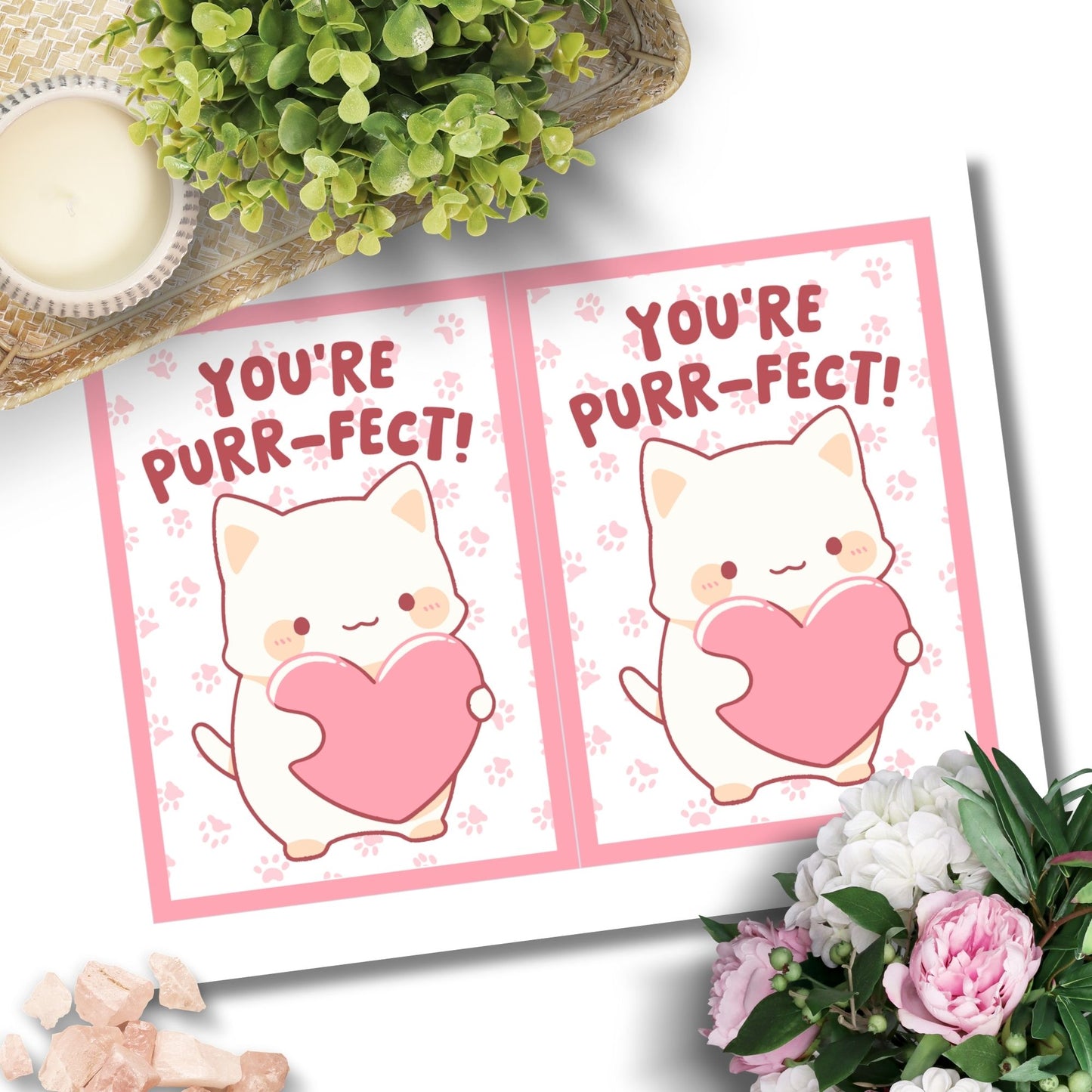 Printable Valentineās Day Greeting Card featuring the phrase āYou're Purrfect.ā Designed as a 5x7 PDF on an 8.5 x 11 sheet with two cards per page. A cute and fun Valentineās card for cat lovers.