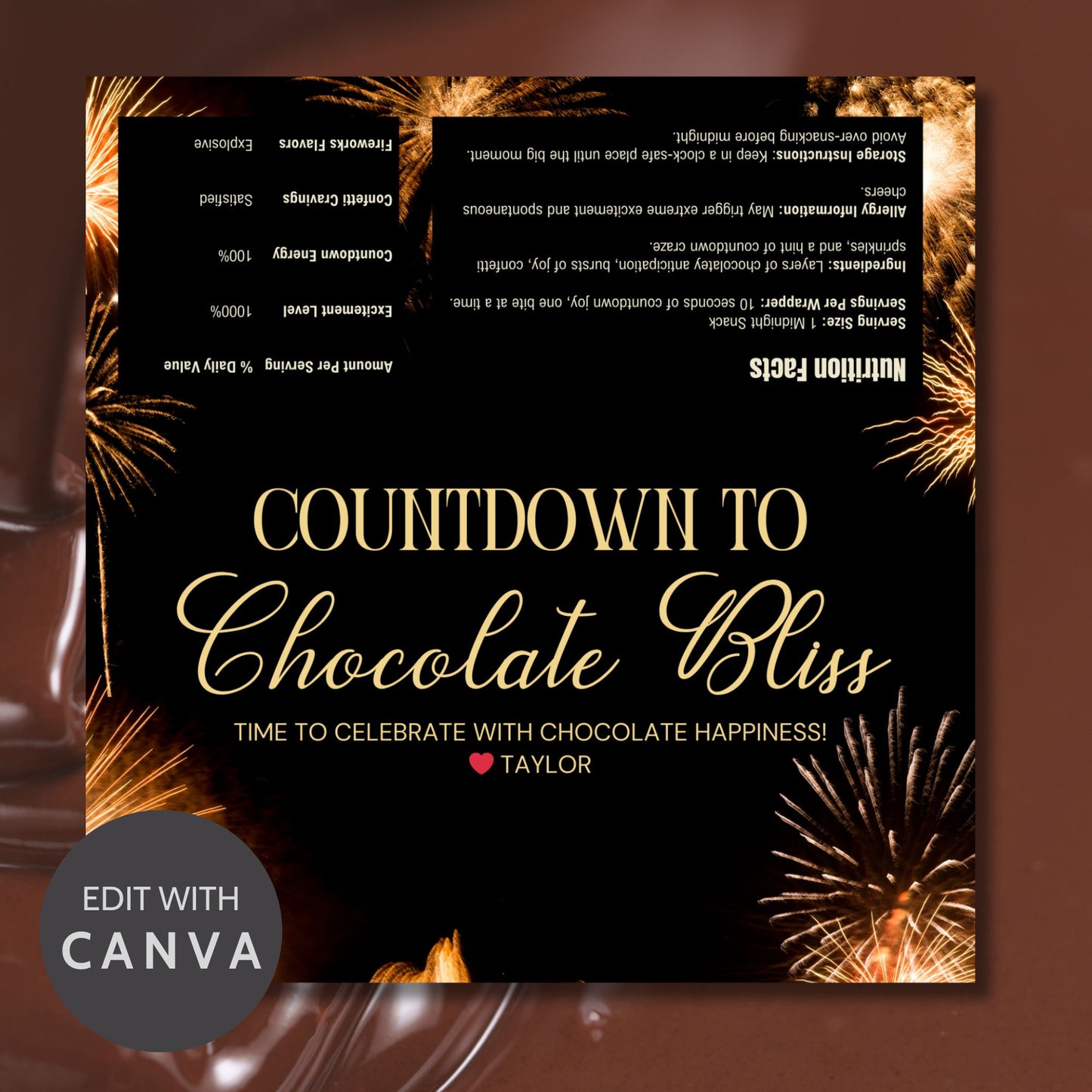 A sleek and colorful New Year chocolate bar wrapper design with editable text, perfect for personalizing New Year party favors and gifts.