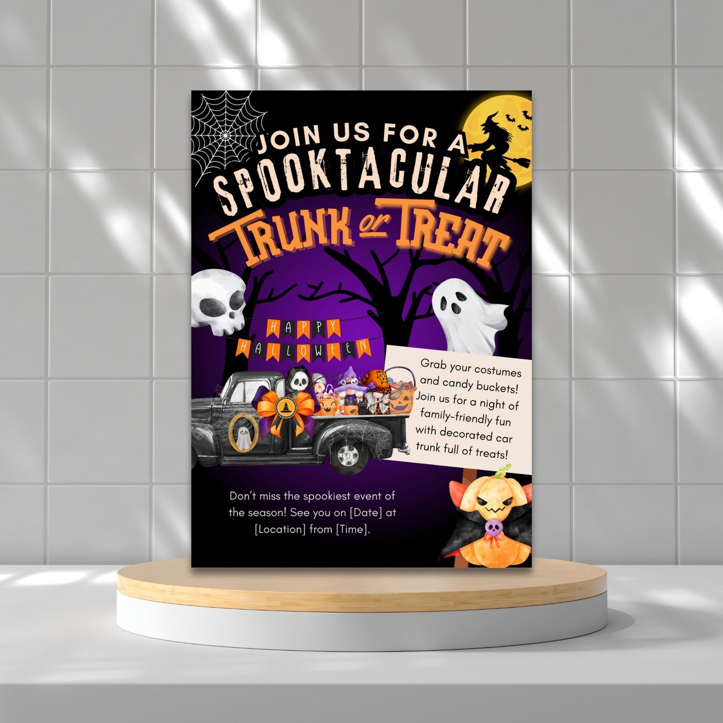A vibrant Halloween Trunk or Treat invitation featuring spooky trees, a decorated truck with candy, cute ghosts, pumpkins, and a friendly skeleton, inviting families to a night of fun with customizable text fields.