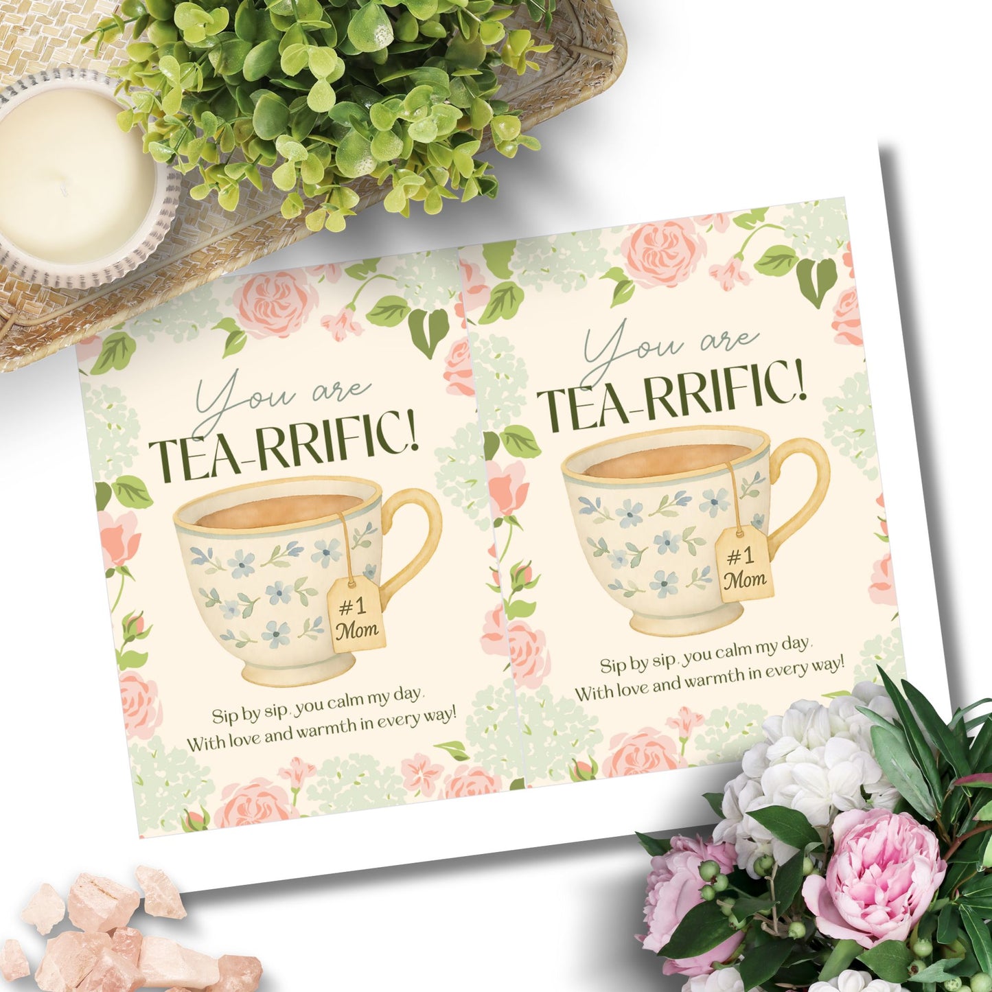 Printable 5x7 Mother’s Day card featuring a teacup and the pun "You Are Tea-rific," with pastel illustrations, available as an instant download PDF.
