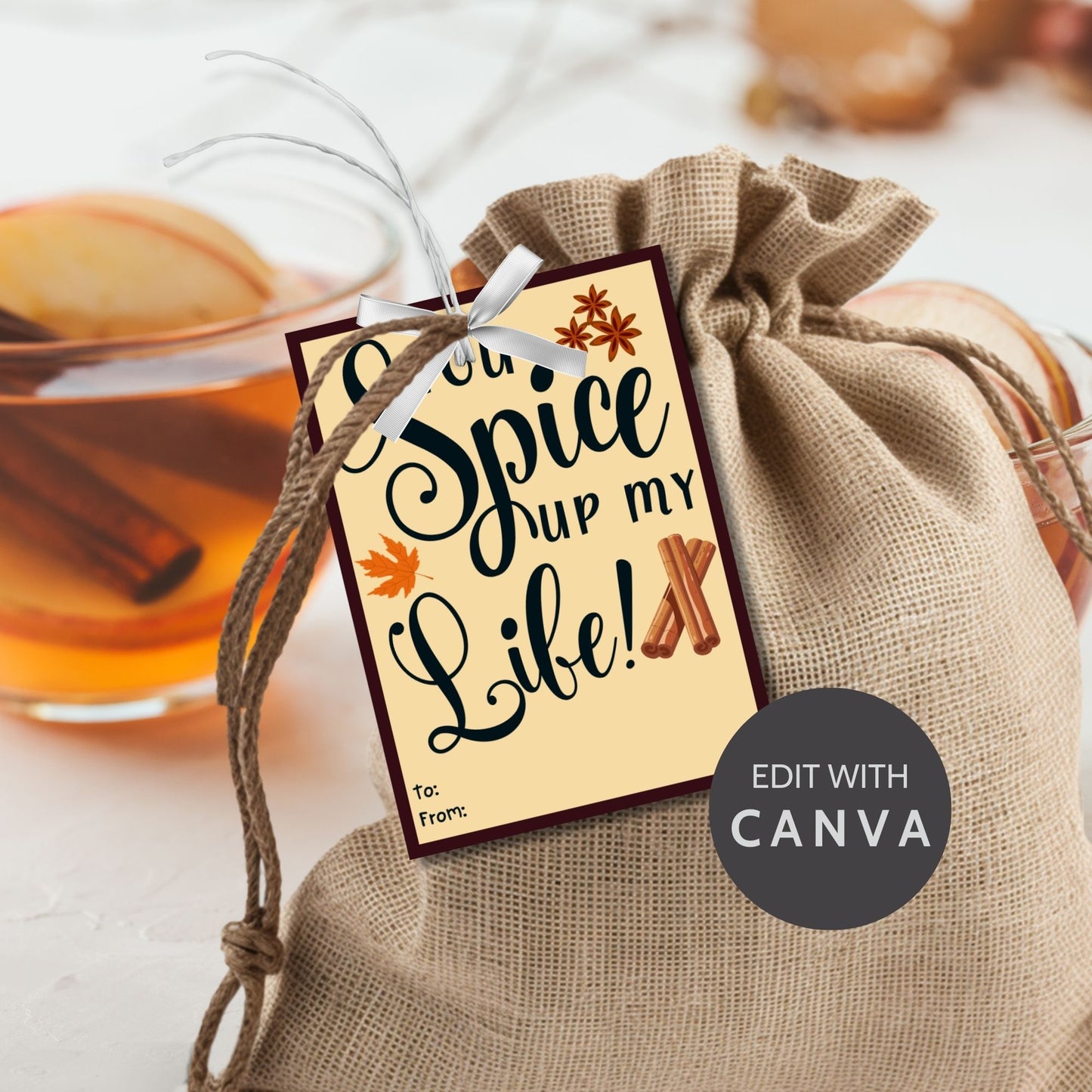 Editable spices-themed fall gift tags with the message 'You Spice Up My Life!' in 2.5 x 3.5 inches, 8 per sheet, available as printable and customizable PDFs.