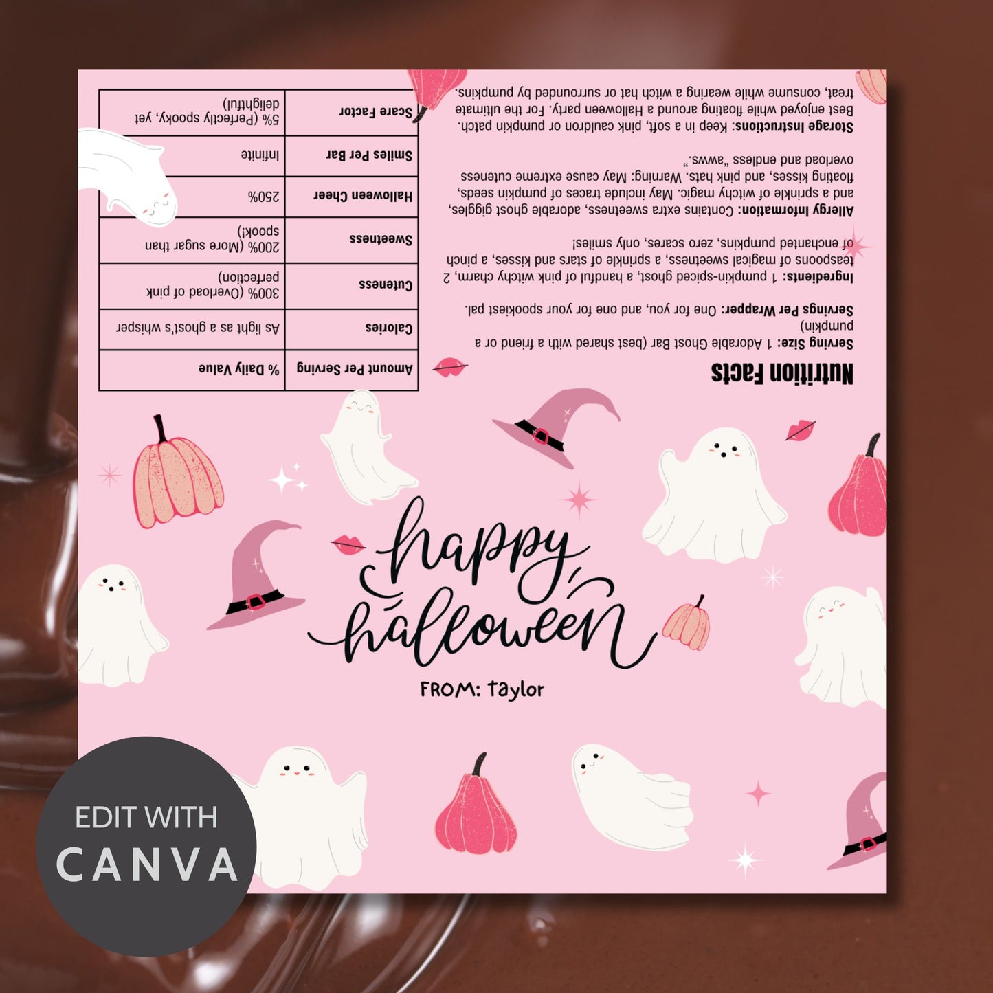 Printable and editable pastel pink Halloween chocolate bar wrapper featuring cute ghosts, pumpkins, and witch hats, perfect for a sweet and spooky Halloween.