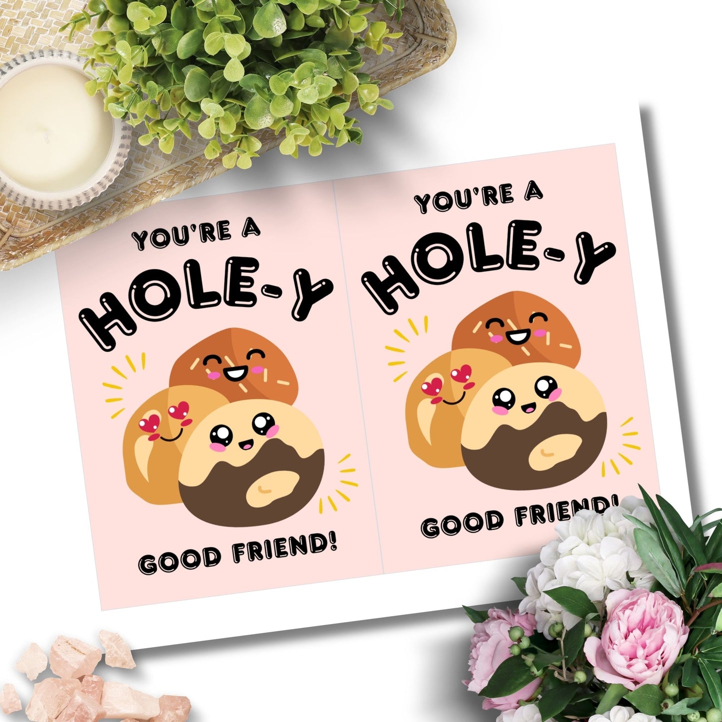 A Christian-themed printable Valentine’s Day card with a donut holes design and the phrase “You’re a HOLE-Y Good Friend”—available as a 5x7 PDF and an 8.5 x 11 sheet (2 per page). Perfect for faith-based gifts, church communities, and Christian friendships.