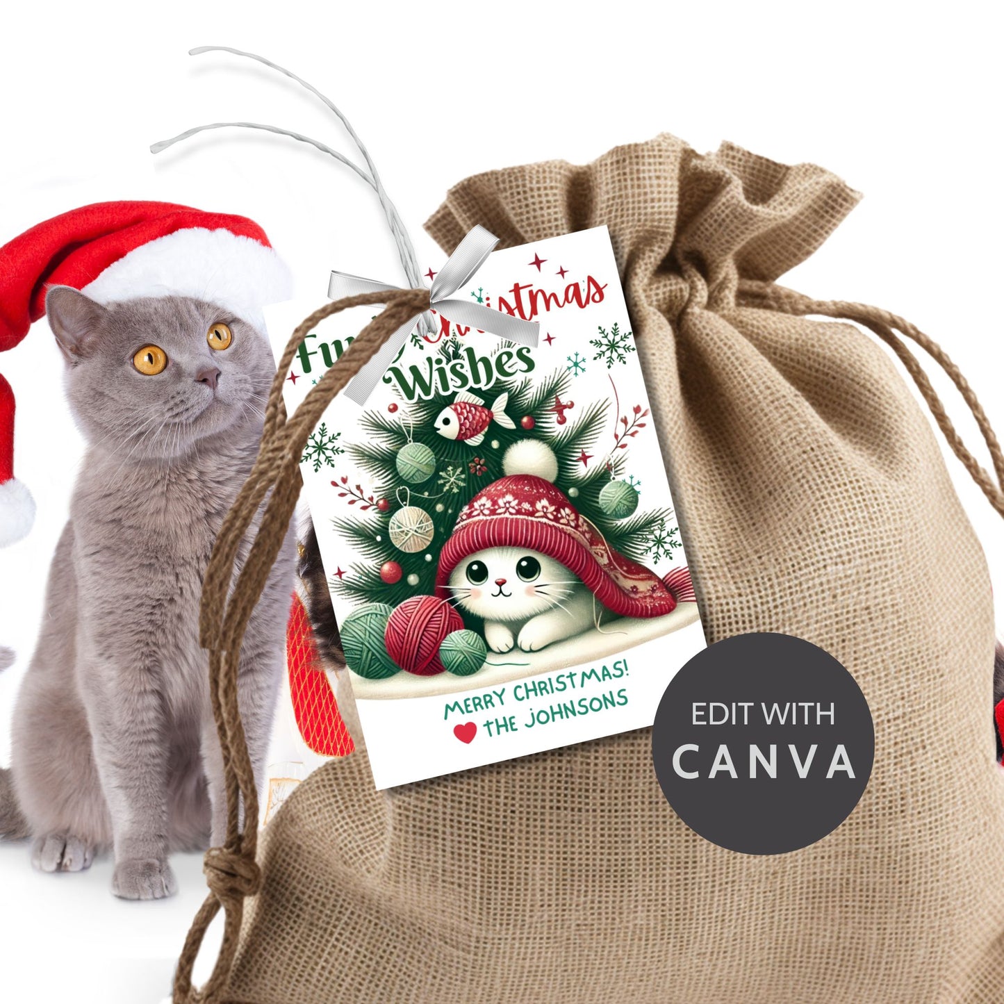 Christmas gift tags featuring an adorable kitten in a festive scene, with the message "Furry Christmas Wishes." These printable and editable tags are perfect for cat lovers and add a cute, cozy touch to holiday gifts.
