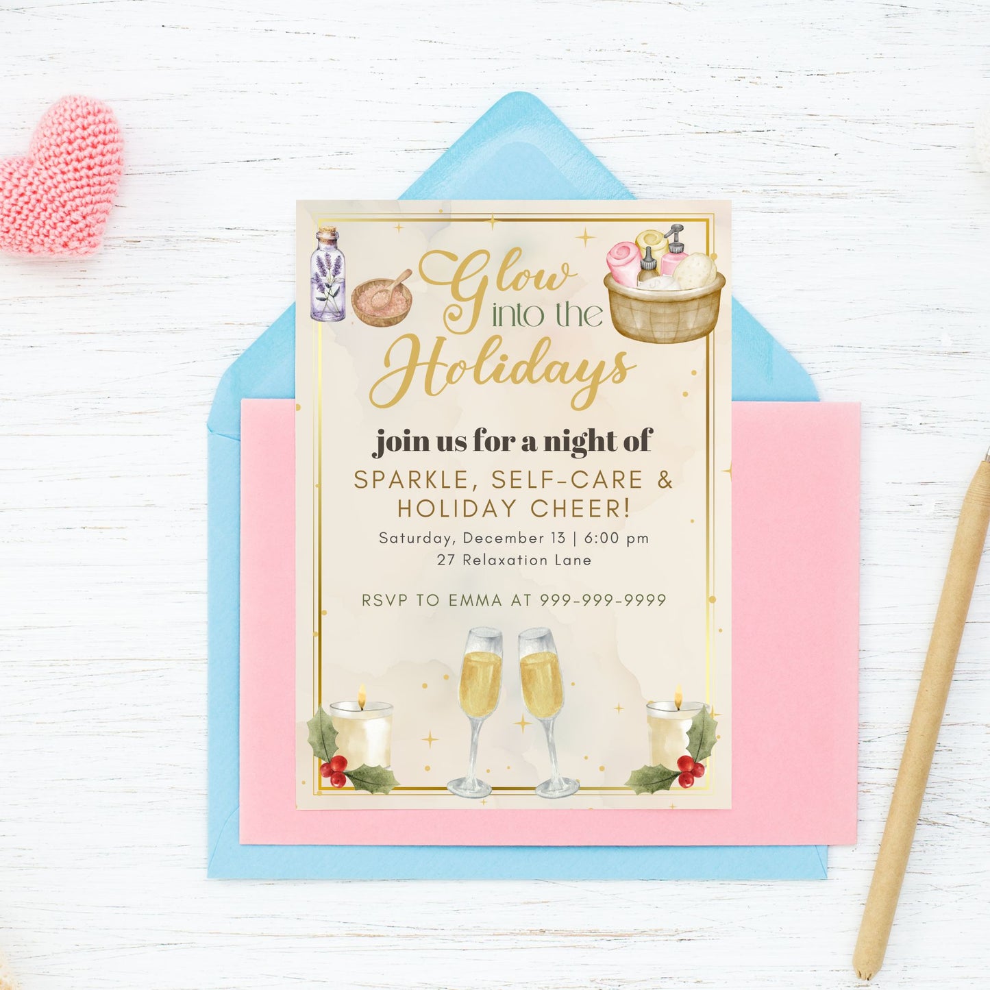 Invitation card for a holiday event with champagne glasses and spa-themed illustrations on a white background.