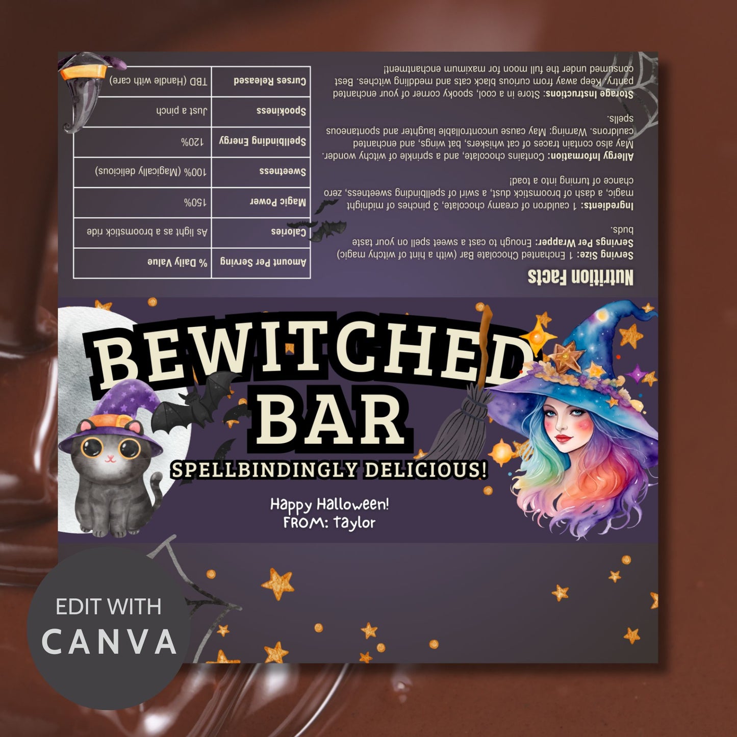 Printable and editable witch and cat-themed Halloween chocolate bar wrapper featuring a colorful witch and black cat, perfect for Halloween treats and parties.
