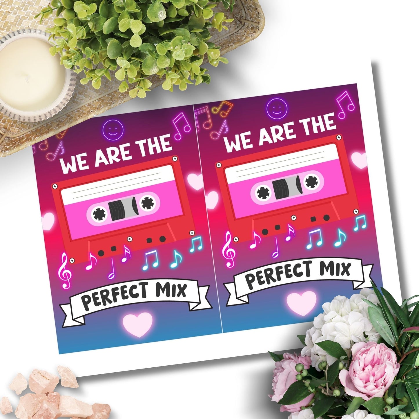 Printable Valentineās Day Greeting Card with the message āWe Are the Perfect Mix.ā Designed as a 5x7 PDF on an 8.5 x 11 sheet with two cards per page. A fun and heartfelt Valentineās card for couples and friends.
