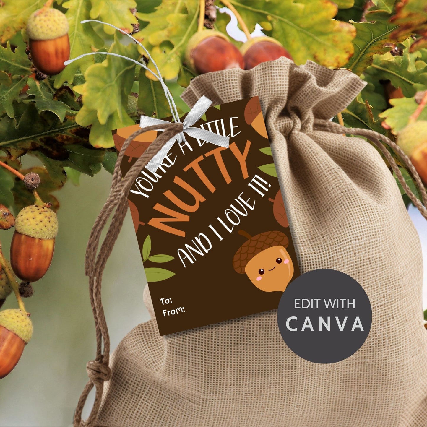 Editable acorn-themed fall gift tags with the message 'You're a Little Nutty and I Love It!' in 2.5 x 3.5 inches, 8 per sheet, available as printable and customizable PDFs.